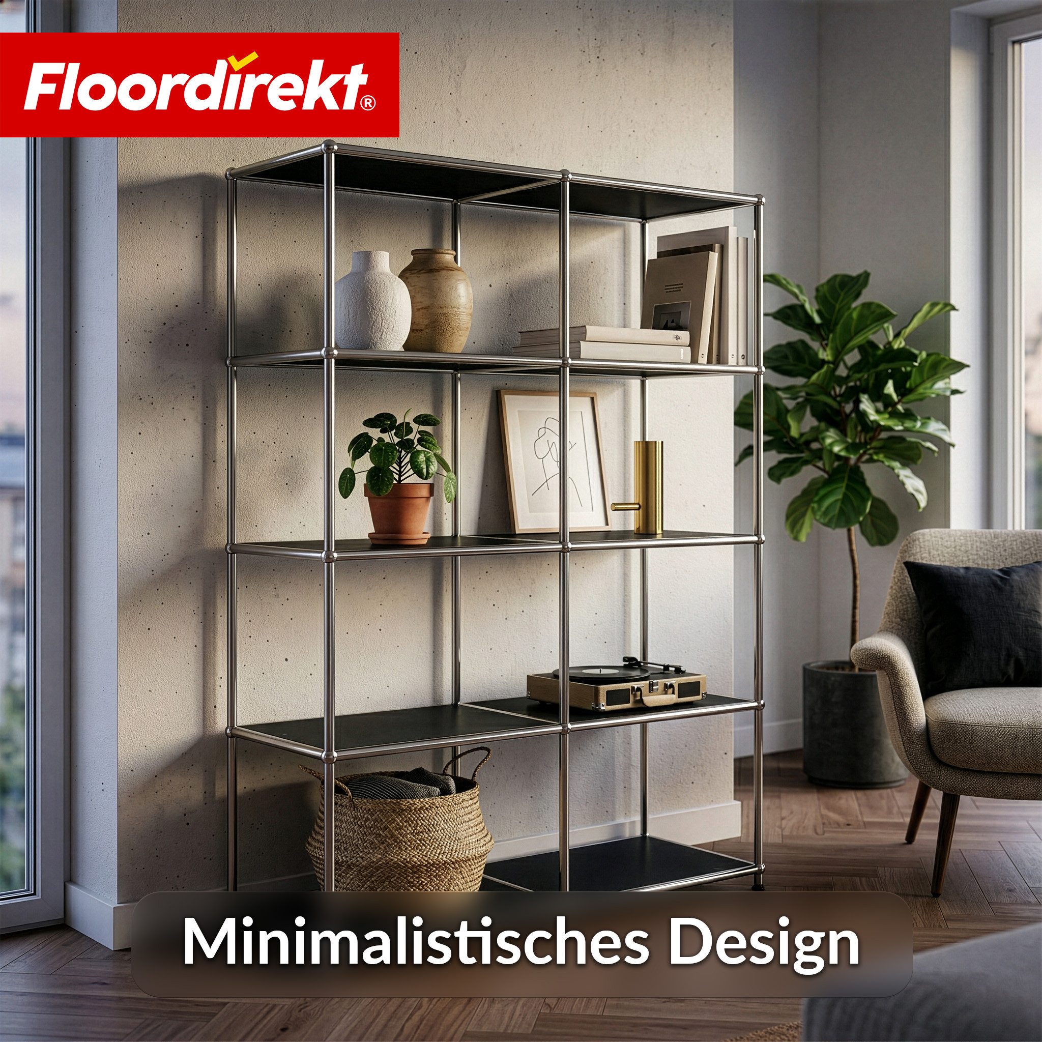 Floordirekt Bücherregal Standregal Concept Epure MK-015 Raumteiler, verchromtes Metallgestell, höhenverstellbare Kunststofffüße, 5 Ablagen, B78×T40×H118 cm