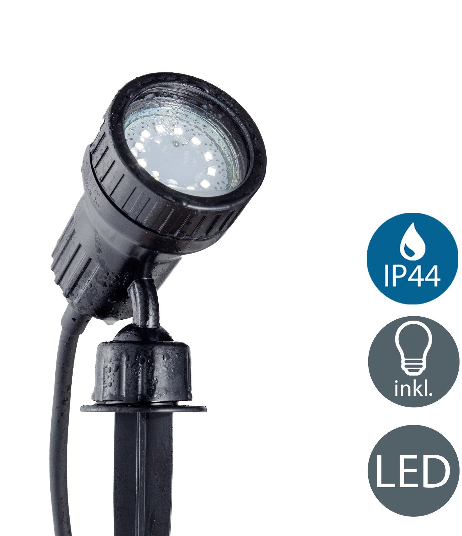 LED Gartenstrahler, Erd-Spieß, IP44, wechselbar, Wandspo,t LED, Außen-Leuchte, Gartenleuchte, 3W GU10 Warmweiß, B.K.Licht LED