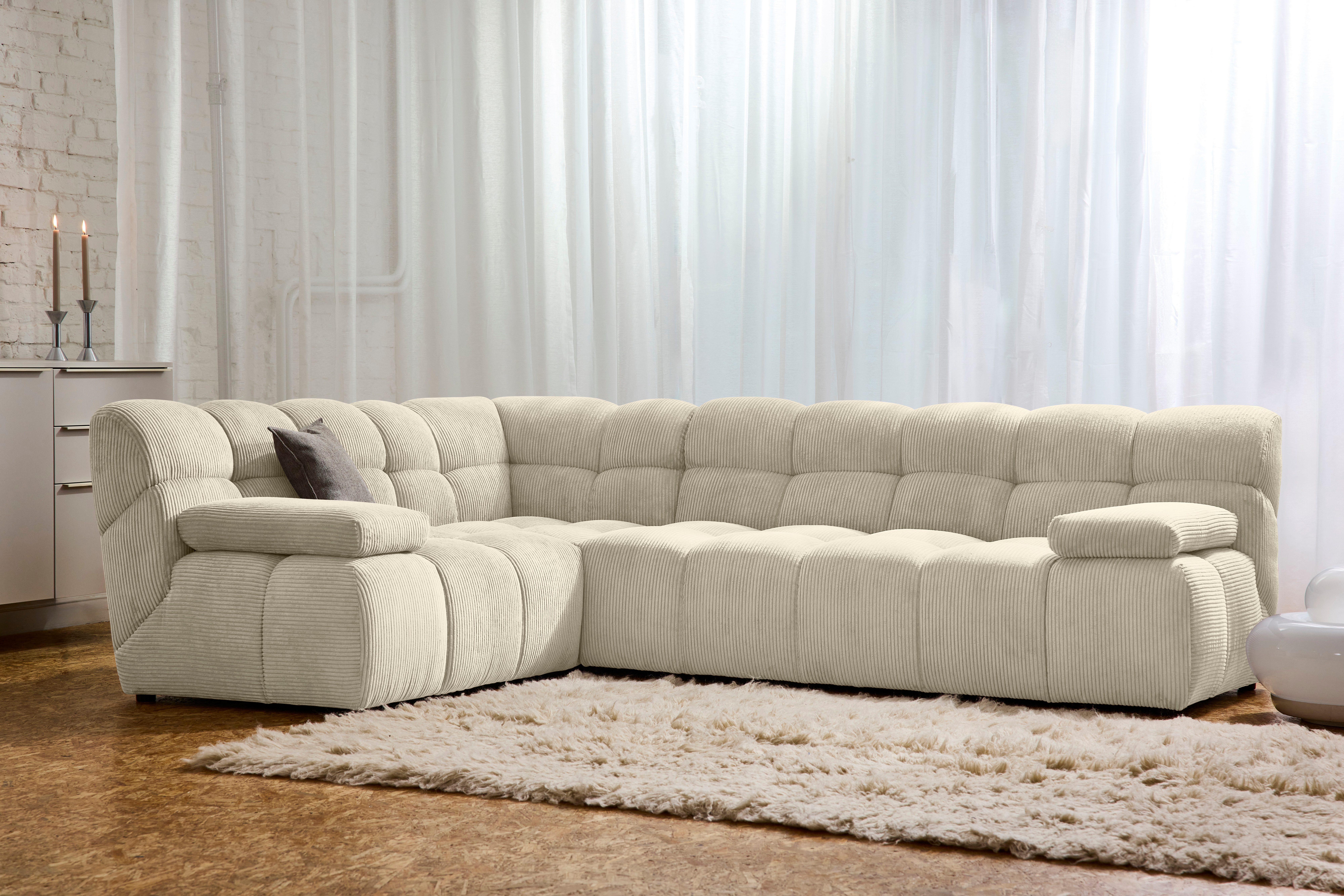 TOM TAILOR HOME Ecksofa SOFT CUBE – stylische Retrovibes durch markante Kachelsteppung, angenehm weicher Sitzkomfort, 265x195, mit optionaler Armteilfunktion