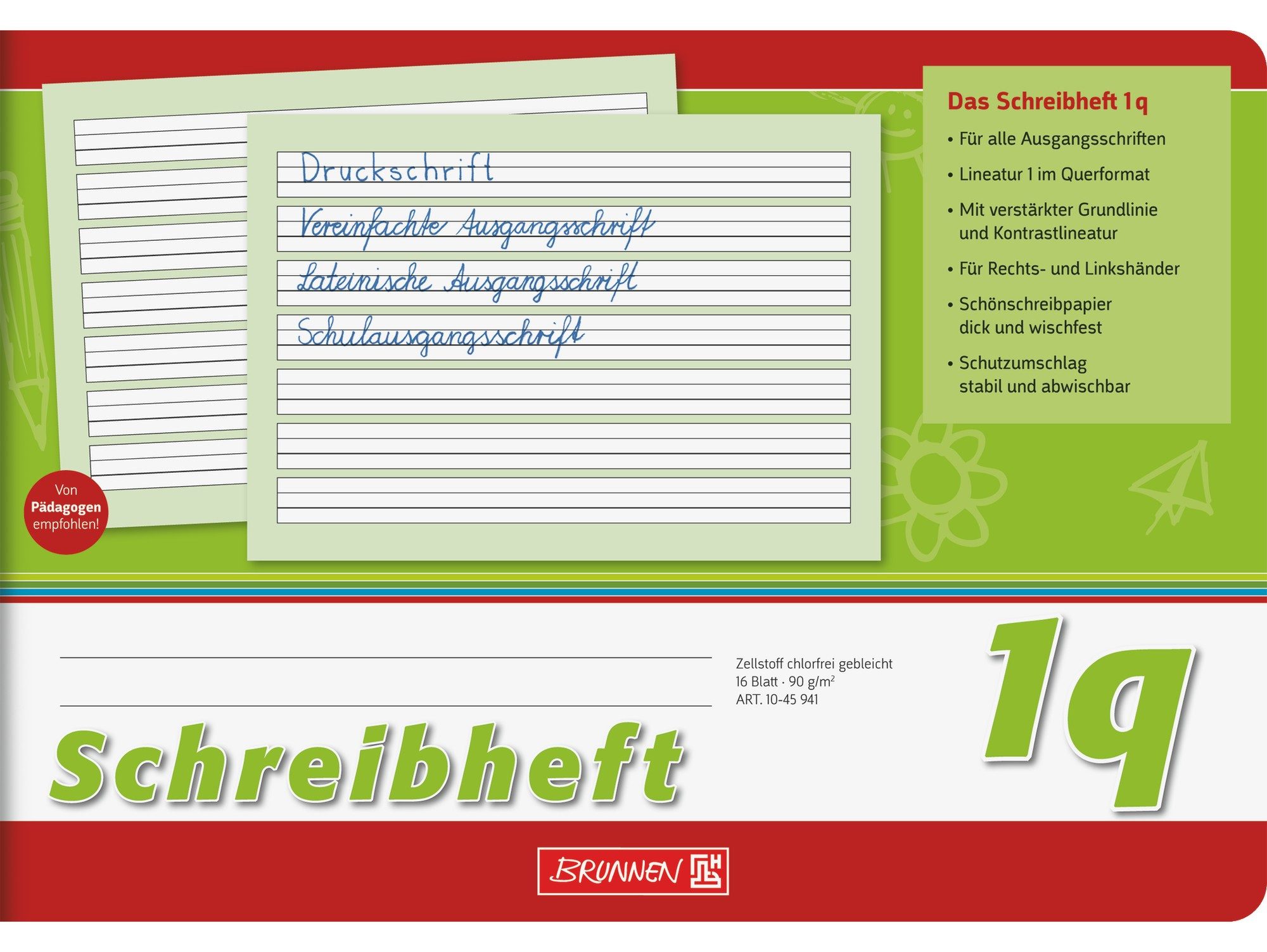 Baier & Schneider Schulheft Schreibheft A5 quer Lineatur 1q 16 Blatt grün, abgerundete Ecken