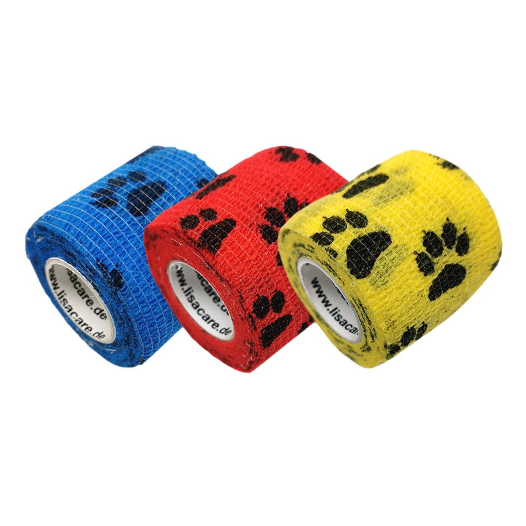 LisaCare Wundpflaster Selbstklebender Pflasterverband - Kohäsive Tierbandage (Pfoten-Set, 3 St., 1 x Pfote Blau, Gelb & Rot / 5cm x 4,5m), Perfekt für unterwegs!