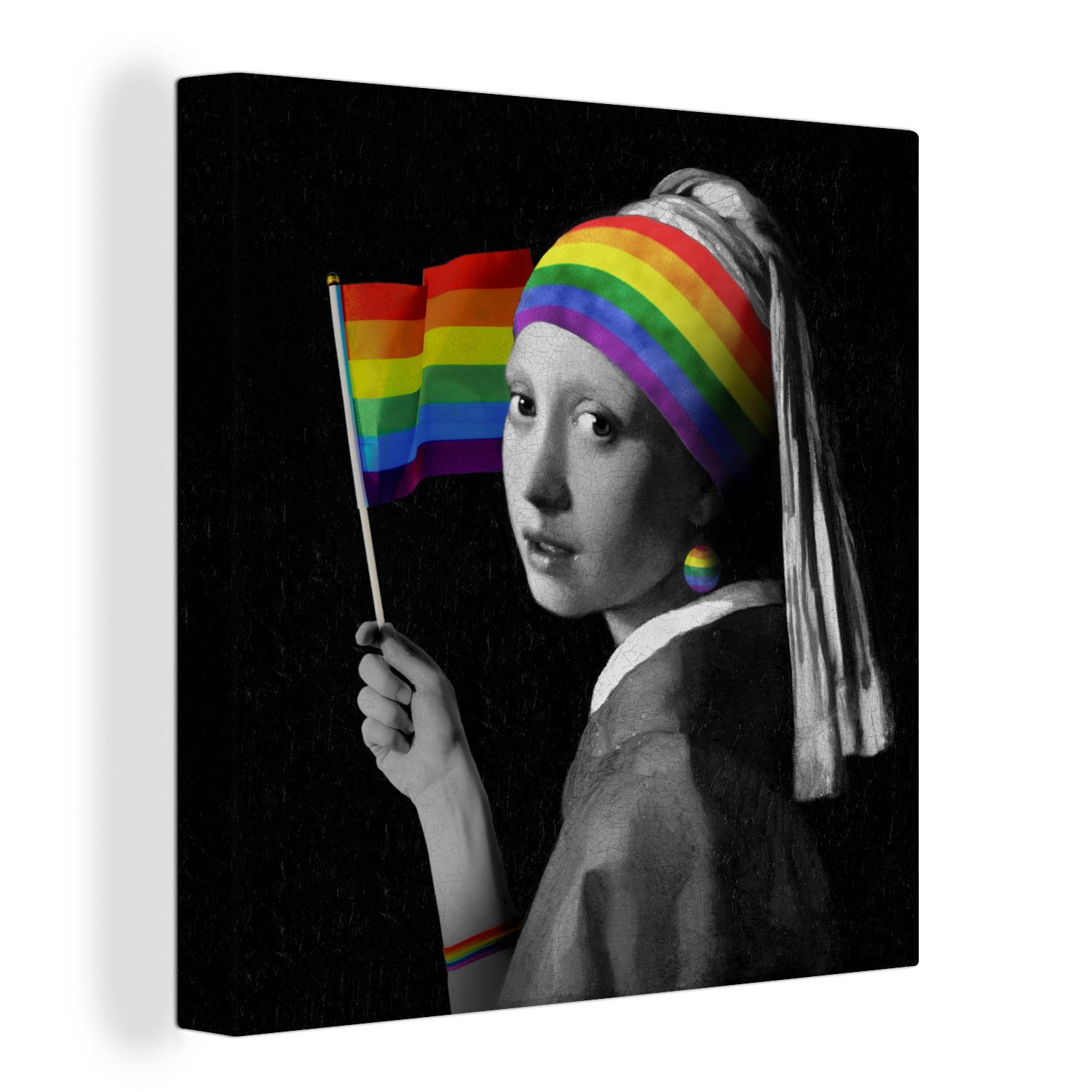 OneMillionCanvasses® Leinwandbild Das Mädchen mit dem Perlenohrring - Pride Flag - Regenbogen, (1 St), Leinwand Bilder für Wohnzimmer Schlafzimmer