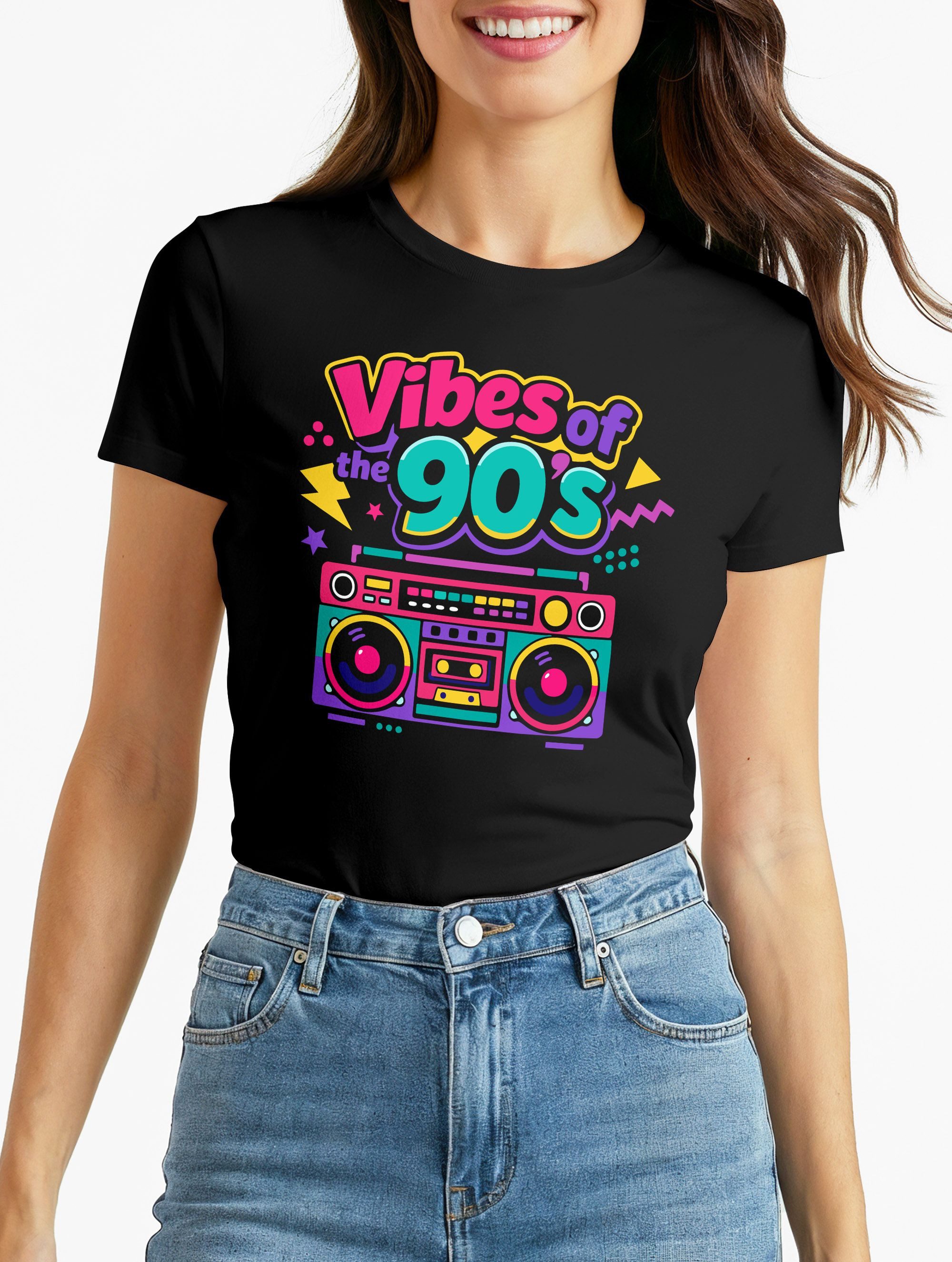 MoonWorks Print-Shirt Damen T-Shirt - Vibes of 90s Retro Design - Fasching Karneval mit Print