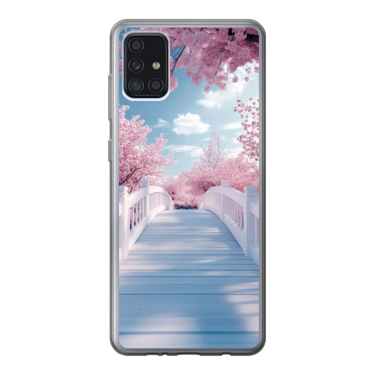 MuchoWow Handyhülle für Samsung Galaxy A52 5G Brücke - Kirschbäume - Weiß, Smartphone-Bumper, Print, Handy Schutzhülle Dünn