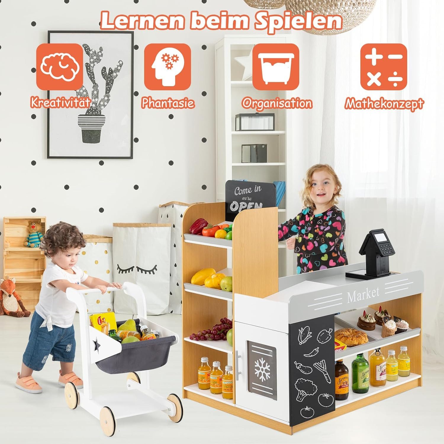 KOMFOTTEU Kaufladen mit Einkaufswagen, mit Tafel & Registrierkasse