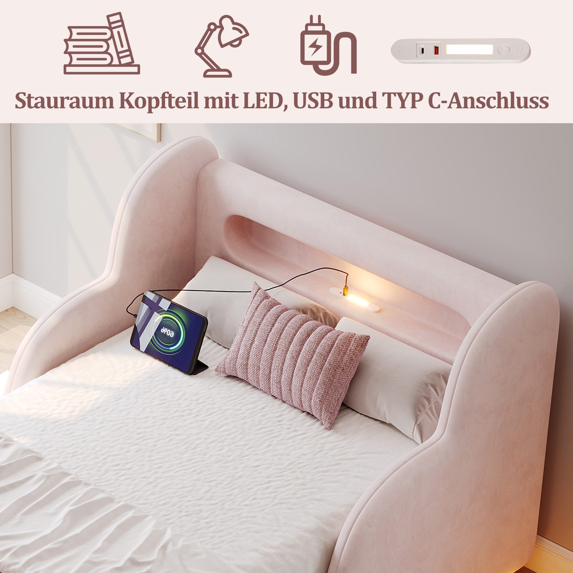REDOM Polsterbett Kinderbett mit Schutzgeländer, Nachtlicht (Bettbeine, ohne Bettkasten und Matratze, Rosa), USB, Ablagefächer, 90x200cm, Samt
