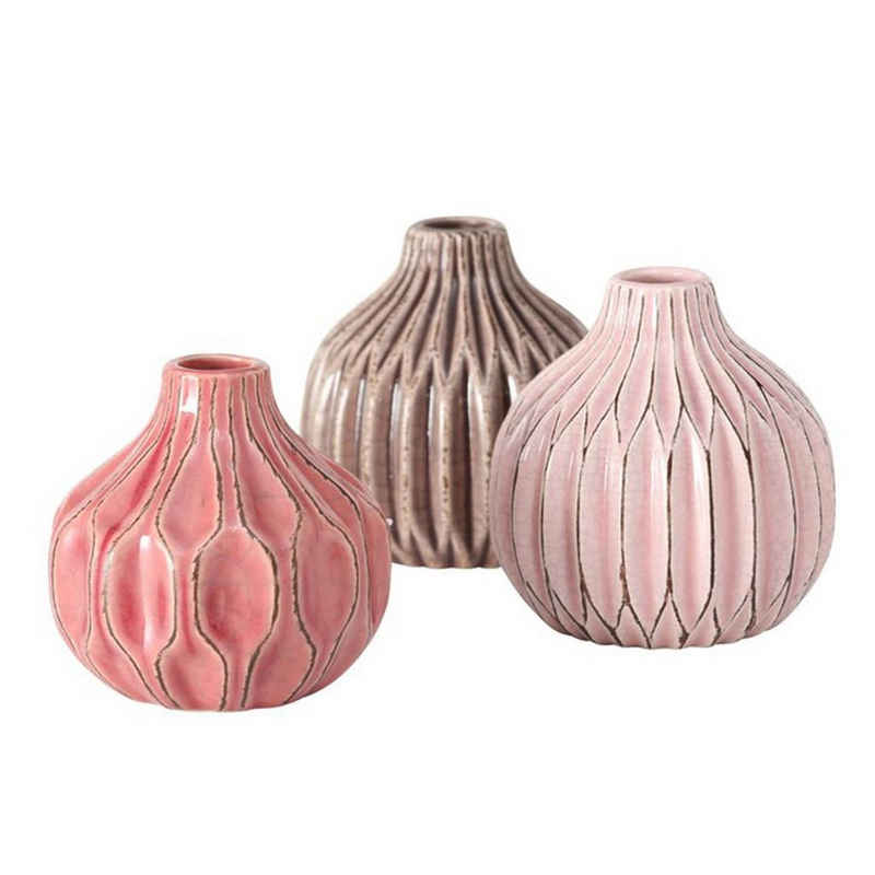 BOLTZE Dekovase Vase im 3er Set im Shabby Chic Look aus Keramik Blumenvase Rosa