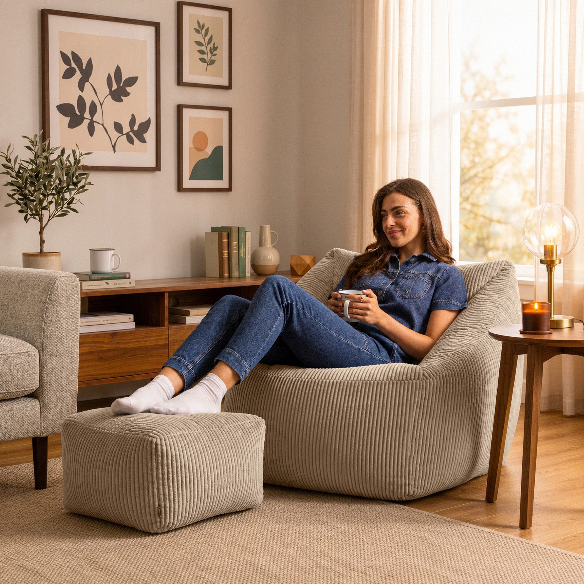 icon Sitzsack Riesen Sessel aus Cord Flauschig „Natalia" mit Hocker (Spar-Set, 1 x Sitzsack-Sessel, 1 x Fußhocker), Sitzsack XXL, Made in Germany, für Erwachsene & Kinder, für Wohnzimmer