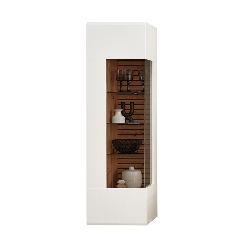 Lomadox Wohnwand FALLON-55, (3-St., Lowboard Wandpaneel Vitrine), Schrankwand Anbauwand, weiß mit Eiche, inkl. Beleuchtung