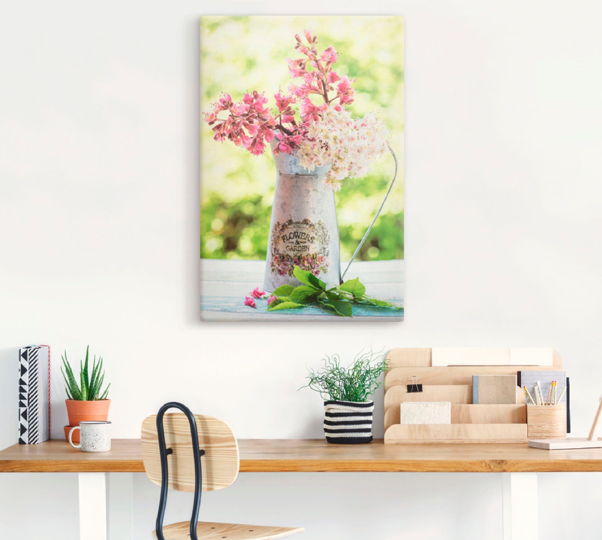 Artland Leinwandbild Kastanien Blüten in Krug, Blumen (1 St), auf Holzrahmen gespannt