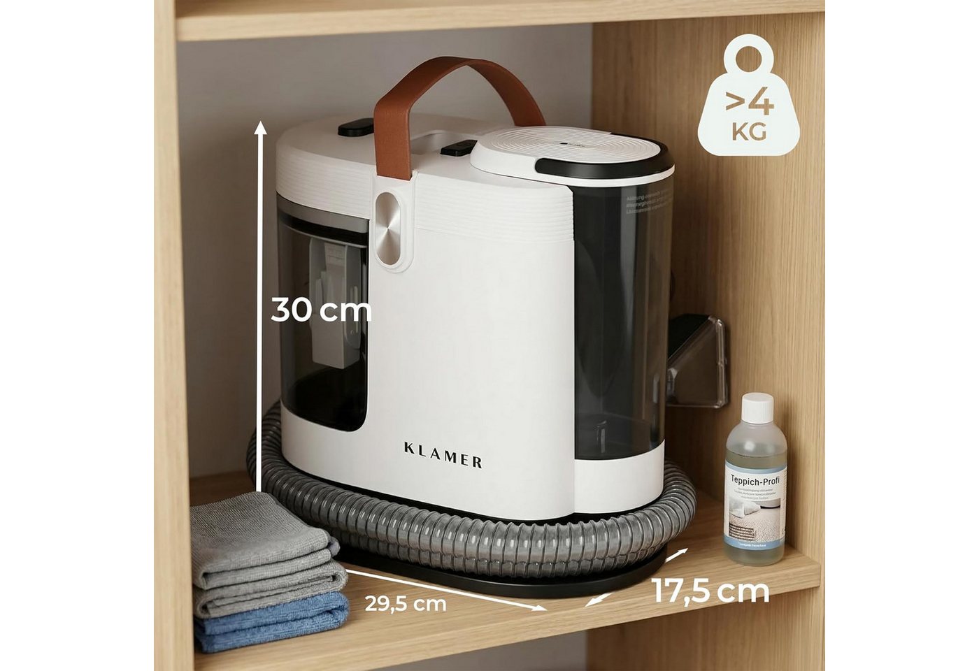 KLAMER Teppichreinigungsgerät 500W, Waschsauger Nasssauger, 2-Tank-System 1,6 L, 15 kPa, Sprüh & Sa…, 500 W, 2-Tank-System für Nassreinigung, Hygienisches 2-Tank-System, Selbstreinigungs-Funktion, 500W weiß