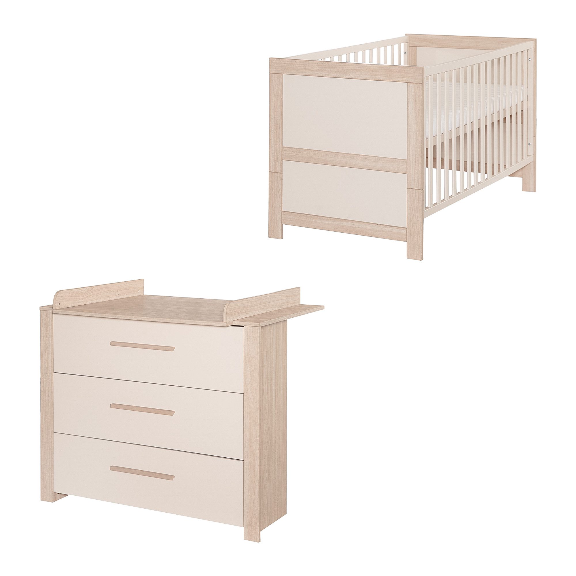 roba® Babymöbel-Set Momo - Zimmer Set aus Holz - Cashmere / Tristan Eiche, (Set 2-tlg., Babybett 70 x 140 cm & Wickelkommode), Gitterbett mit Schlupfsprossen & höhenverstellbar - modern in Beige