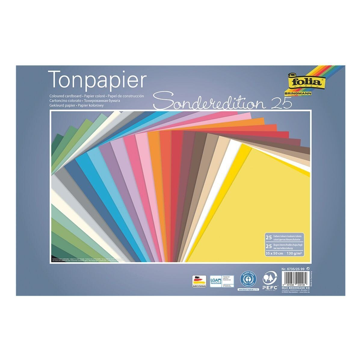 25 Folia cm, Format Sonderedition in 35x50 Bastelkartonpapier 25 Farben, Tonpapier 130 Blatt 25, g/m²,
