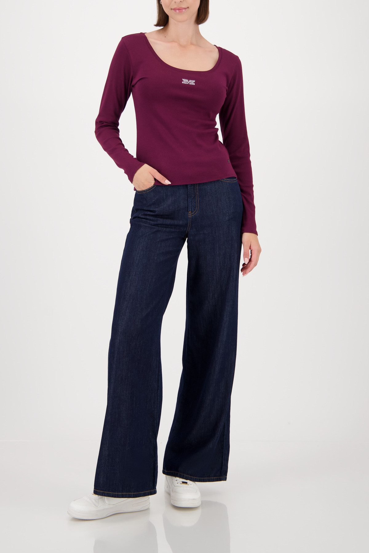 Monari Langarmshirt Shirt Rippe Schmuck Mit weitem Rundhalsausschnitt