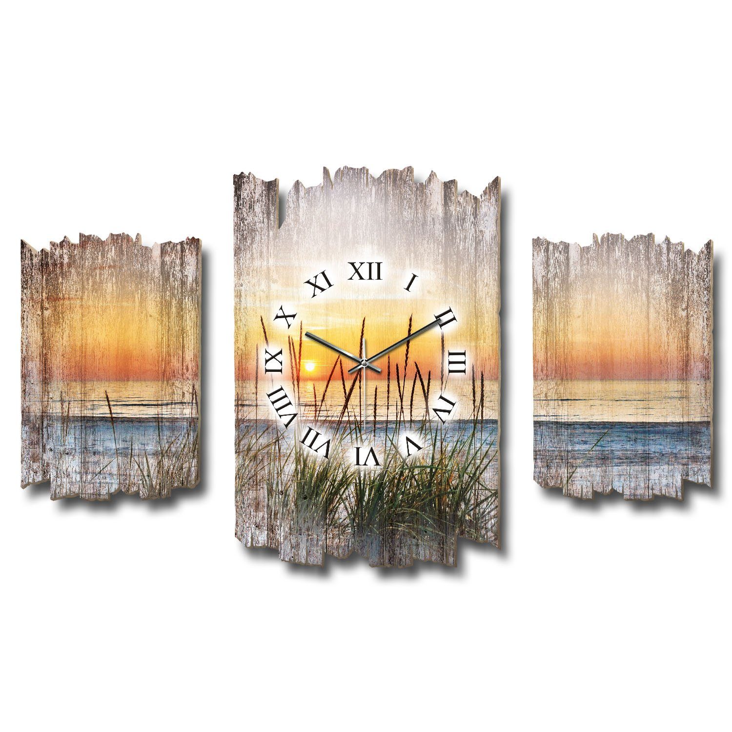 Kreative Feder Wanduhr 3-teilige DESIGNER-Wanduhr „Sonnenuntergang“ günstig online kaufen