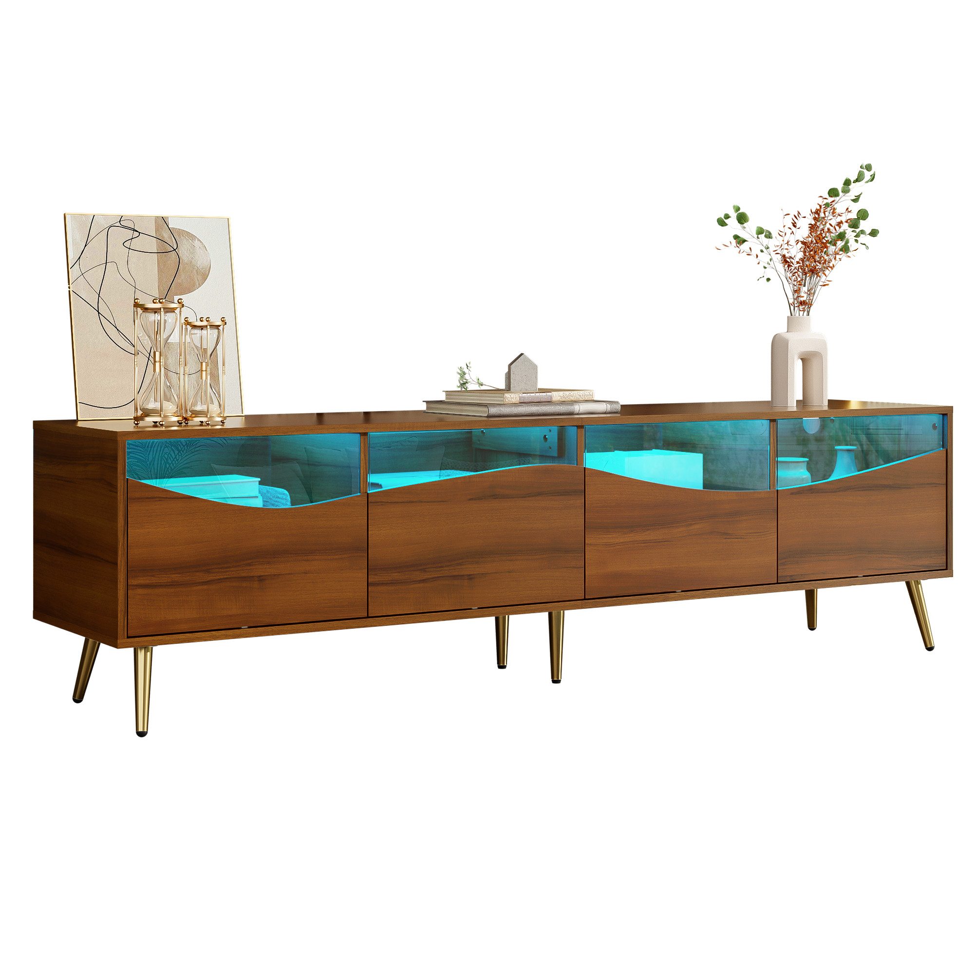 Yoimoimo TV-Schrank 180cm mit LED-Beleuchtung - Weiß /Walnuss, 6 Schubladen, Glasfront