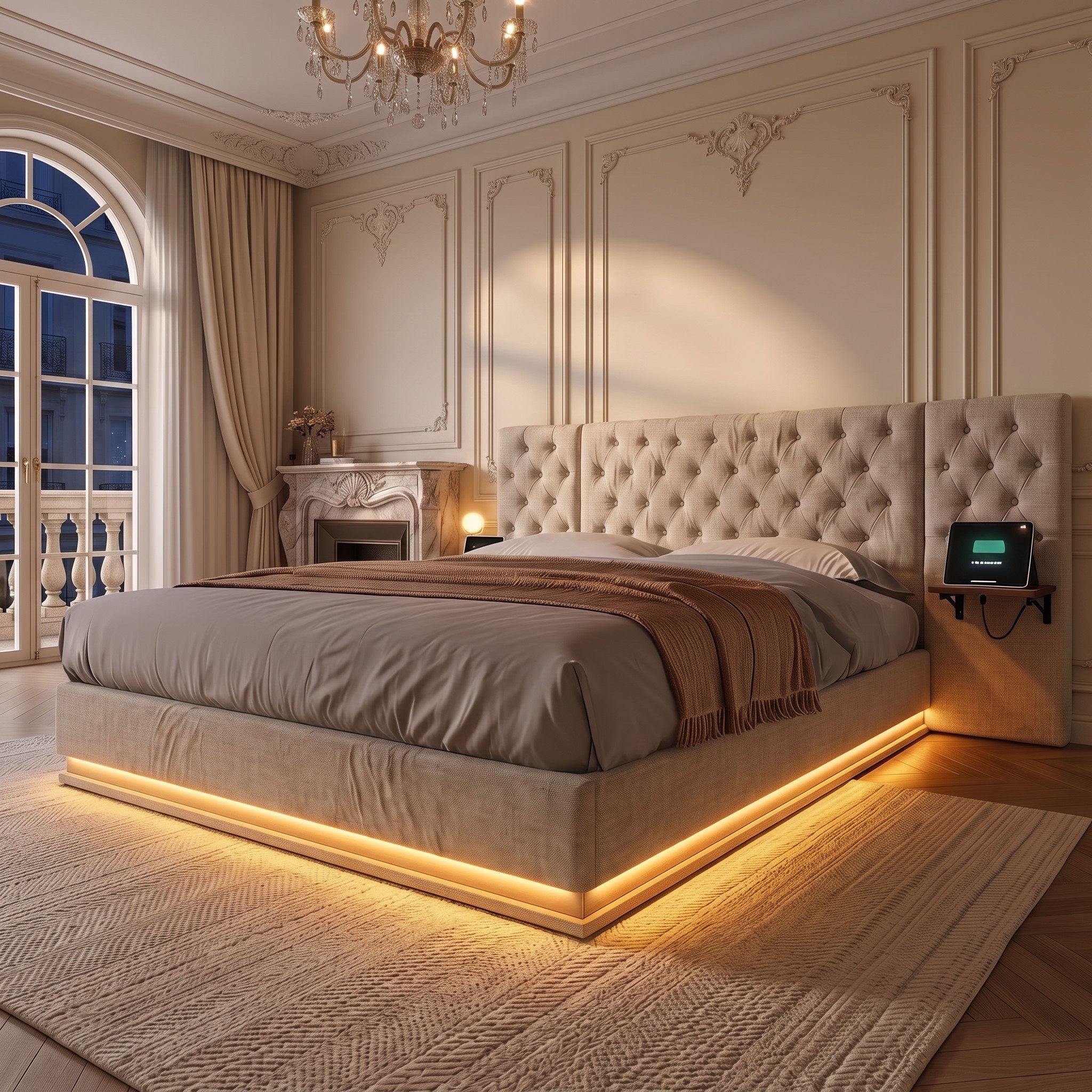 PXloue Polsterbett Modernes Polsterbett mit LED-Beleuchtung (Chesterfield-Design), Bettkasten, Ladefunktion, Leinen, 140x200 cm