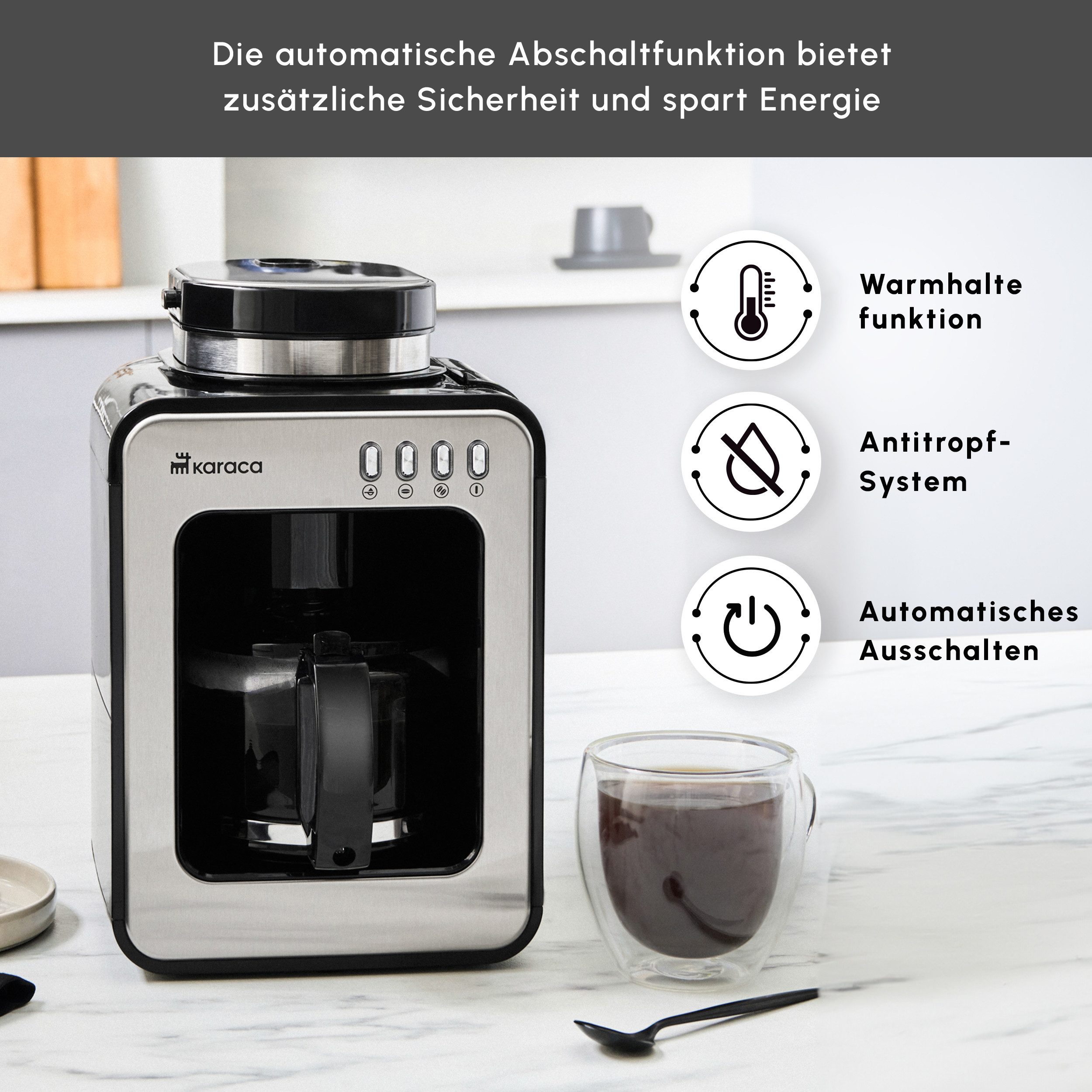 Karaca Espressomaschine Karaca Grindmaestro Filter Kaffeemaschine Kaffeemühle Kaffeebereiter 0,5L 600W Inox