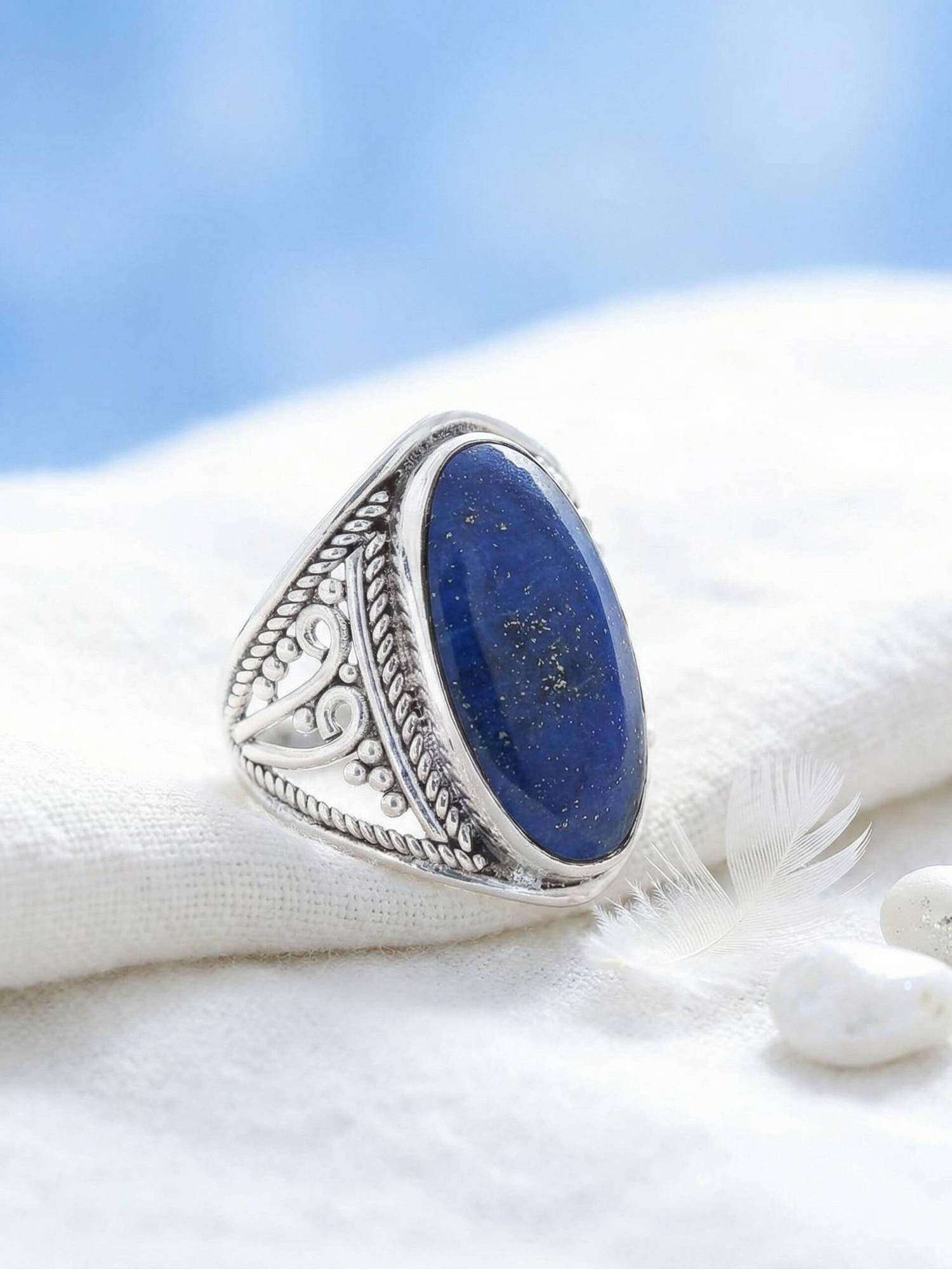 mantraroma Silberring DAHAB oval groß aus 925 Silber mit Lapis Lazuli (Ring mit Schmuckbeutel), Damenring aus 925er Silber – Bild 2 von 5