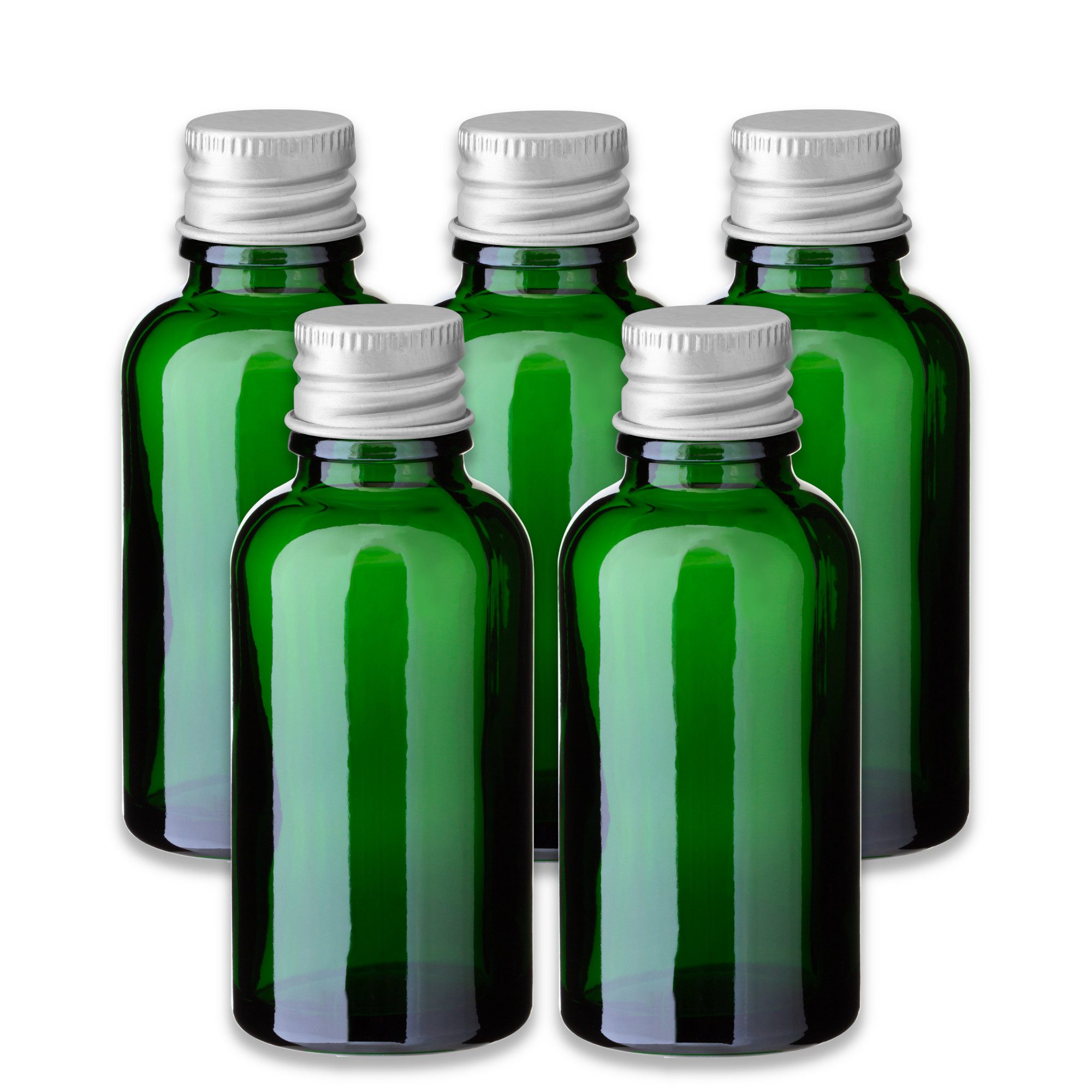 CK Verpackung GmbH Leerglas 5x Grüne Glasflasche 30 ml mit silbernem Aluminiumverschluss – Leer (Set x5)