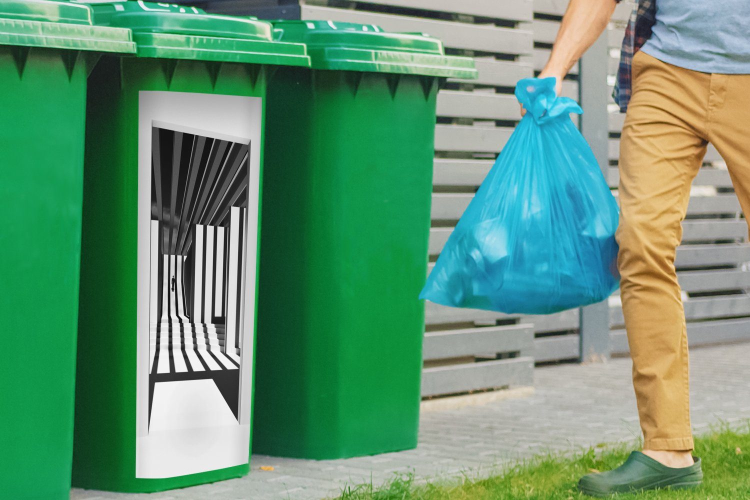 Mülltonne, - (1 Abfalbehälter Weiß Container, - Tür Schatten Linien Wandsticker - Mülleimer-aufkleber, St), Sticker, MuchoWow