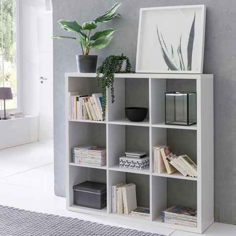 FINEBUY Bücherregal FB52460, Würfelregal 112x29x112 cm mit 9 Fächern Weiß, Bücherregal Quadratisch, Raumteiler Freistehend