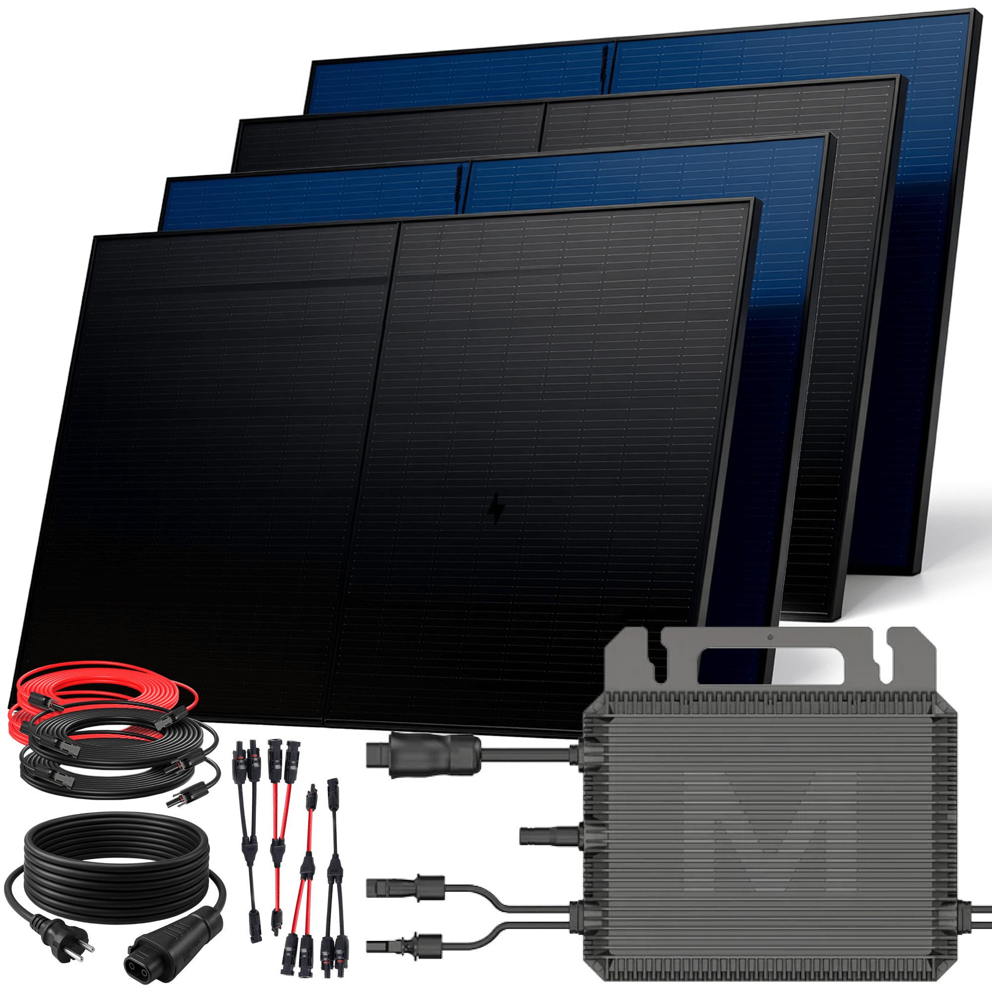 SUNNIVA Balkonkraftwerk 2000W BIFAZIAL FULLBLACK komplett Steckdose, (MARSTEK 800W Wechselrichter, PV Solaranlage, 4x 500W Glas Solarmodule, inkl. 5m Kabel, Bluetooth WIFI, Komplettset)