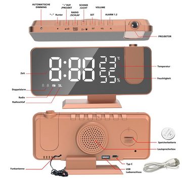 OKWISH Projektionswecker Digital Wecker Radiowecker Digitalwecker Projektion LED Alarm Radio ohne Akku Projektion 180 ° Dual-Alarm Temperatur 12/24H USB-Anschluss