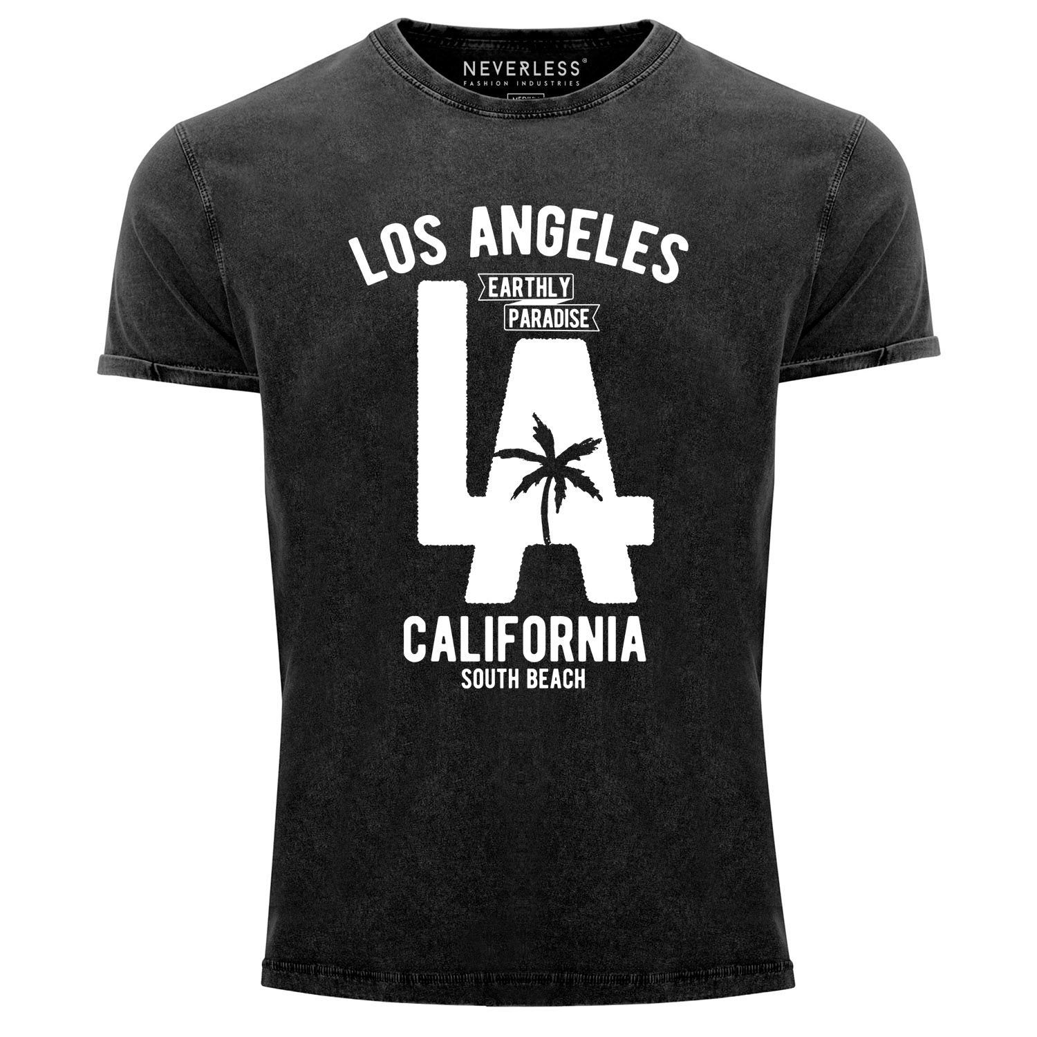 Look Angesagtes Neverless® Los Print Cooles T-Shirt Fit Print-Shirt schwarz Slim LA Neverless Used Shirt mit Herren California Angeles Vintage Aufdruck