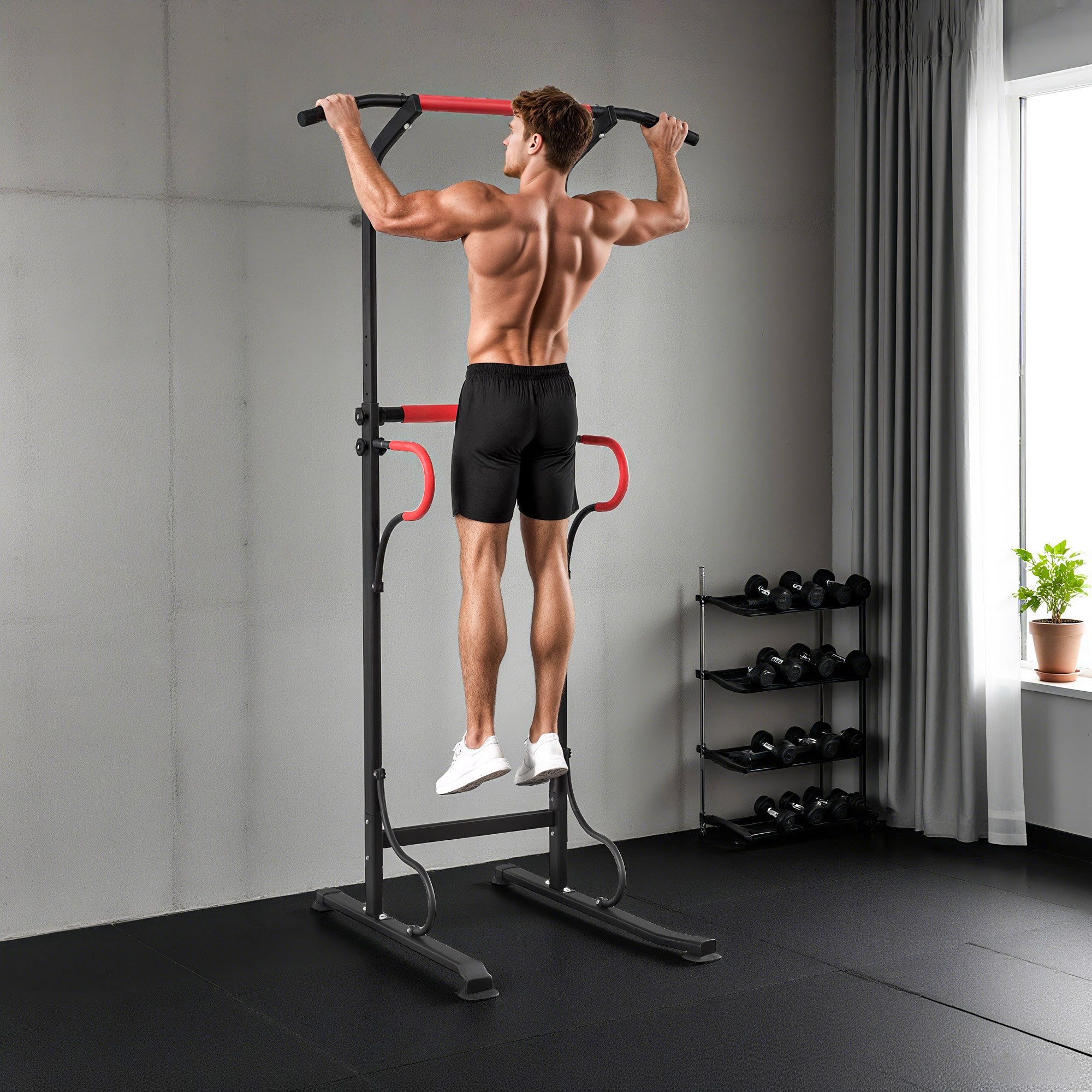 HOMCOM Kraftstation mit Klimmzugstange, Saugnäpfe, 0 Gewichtsblöcke (höhenverstellbar Power Tower, 1-tlg., Multifunktional Dip Station), Trainingsgerät für Zuhause Home Gym Krafttraining