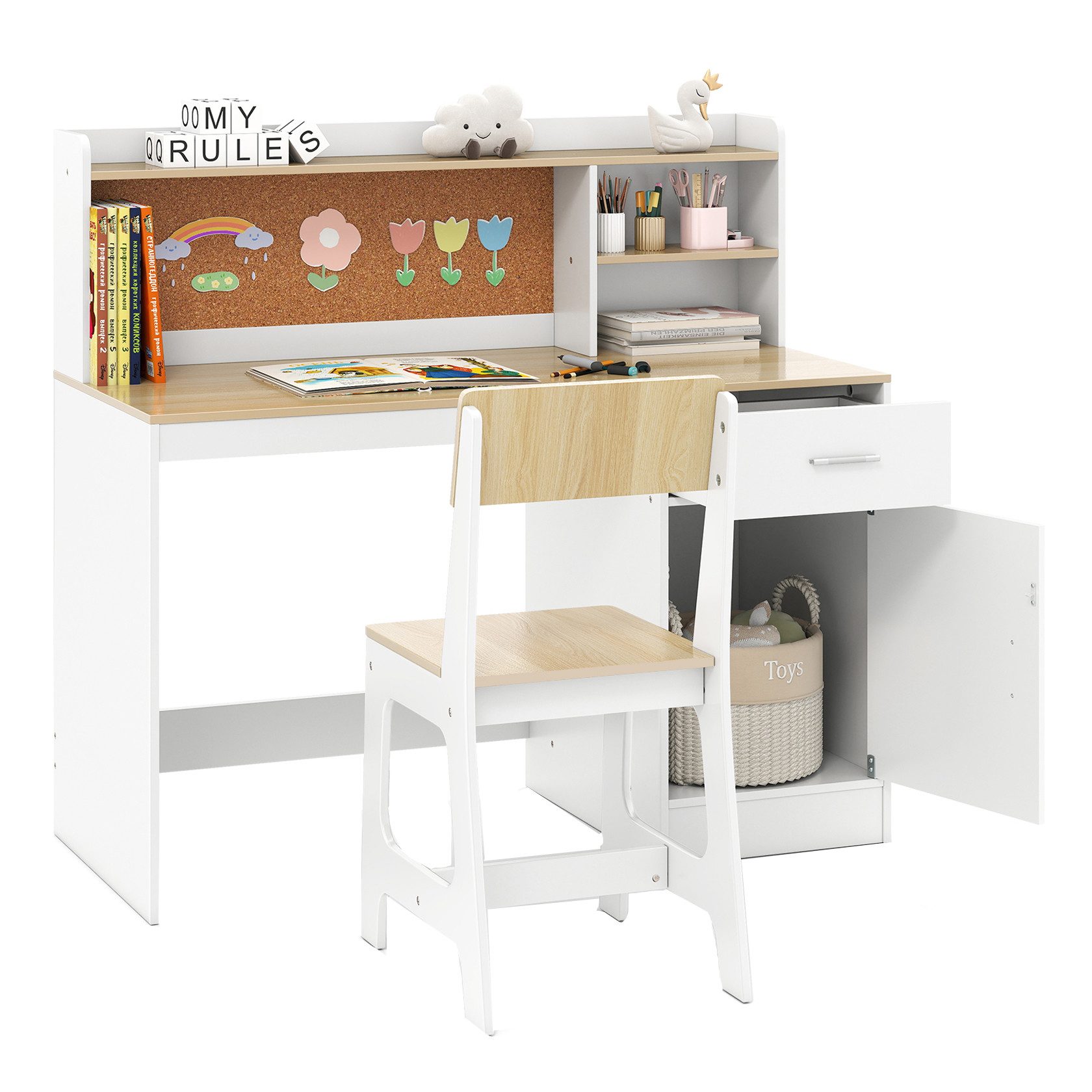KOMFOTTEU Kinderschreibtisch, Schreibtisch mit Regal, Schublade, Schrank & Pinnwand
