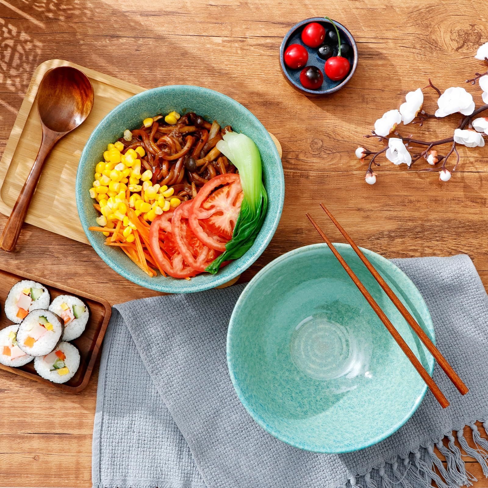 FOUORTUNATE-BEE Schüssel 2er Set Japanische Ramenschüssel Suppenschüssel aus Keramik, (1200 ml, mit Essstäbchen und Löffeln, große Suppenschüsseln 20 cm, 2-tlg) – Bild 5 von 5