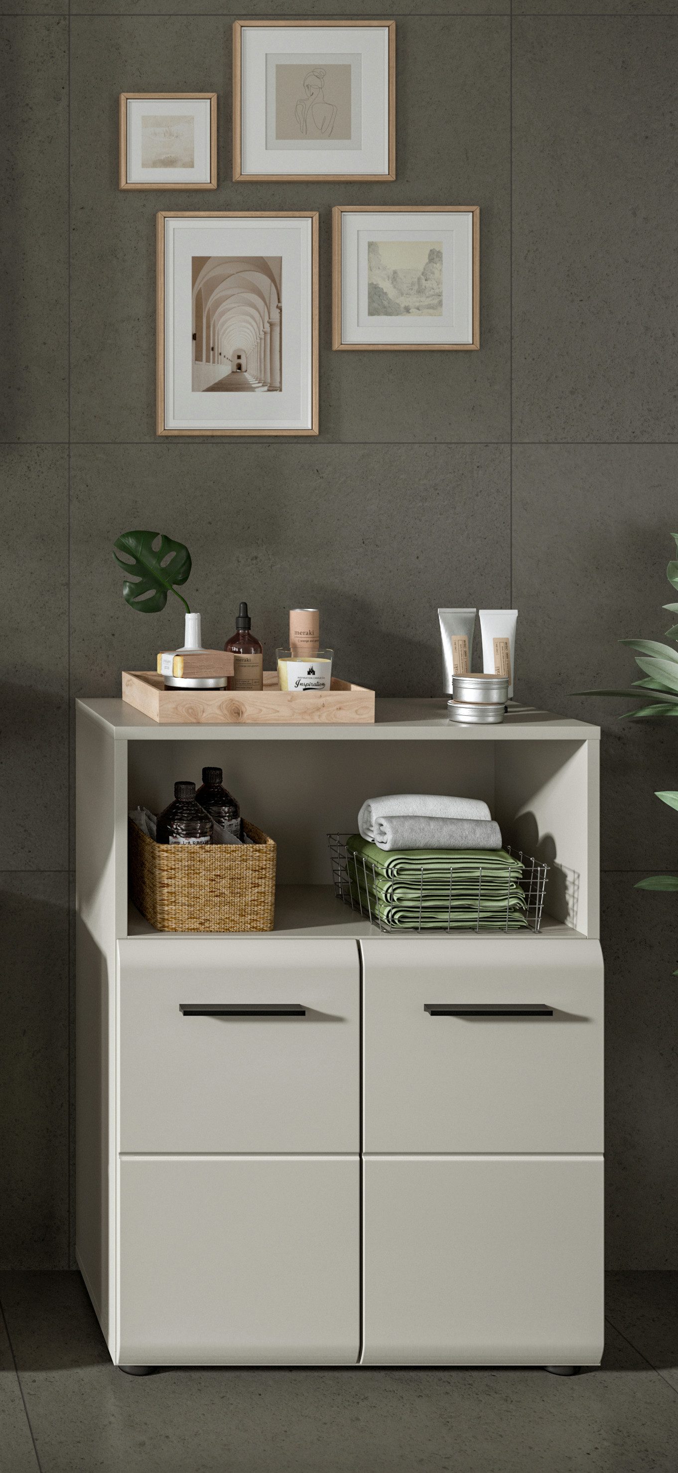 furnling Badkommode Standschrank Ivy, Midikommode mit 2 Türen & offenem Fach, MDF Front, Stauraumschrank Bad