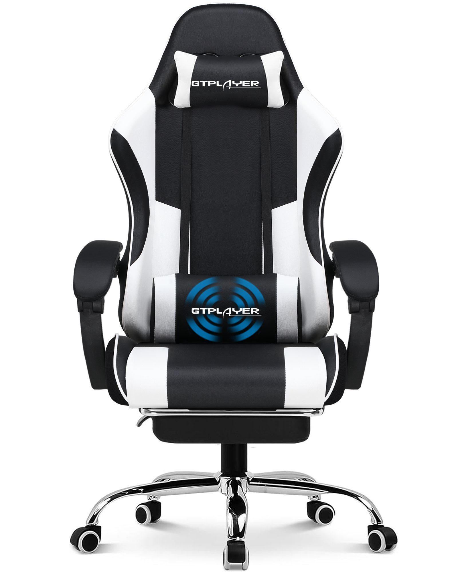 Gaming Stuhl mit Lautsprecher, Lenden- und Nackenstütze, Weiß+