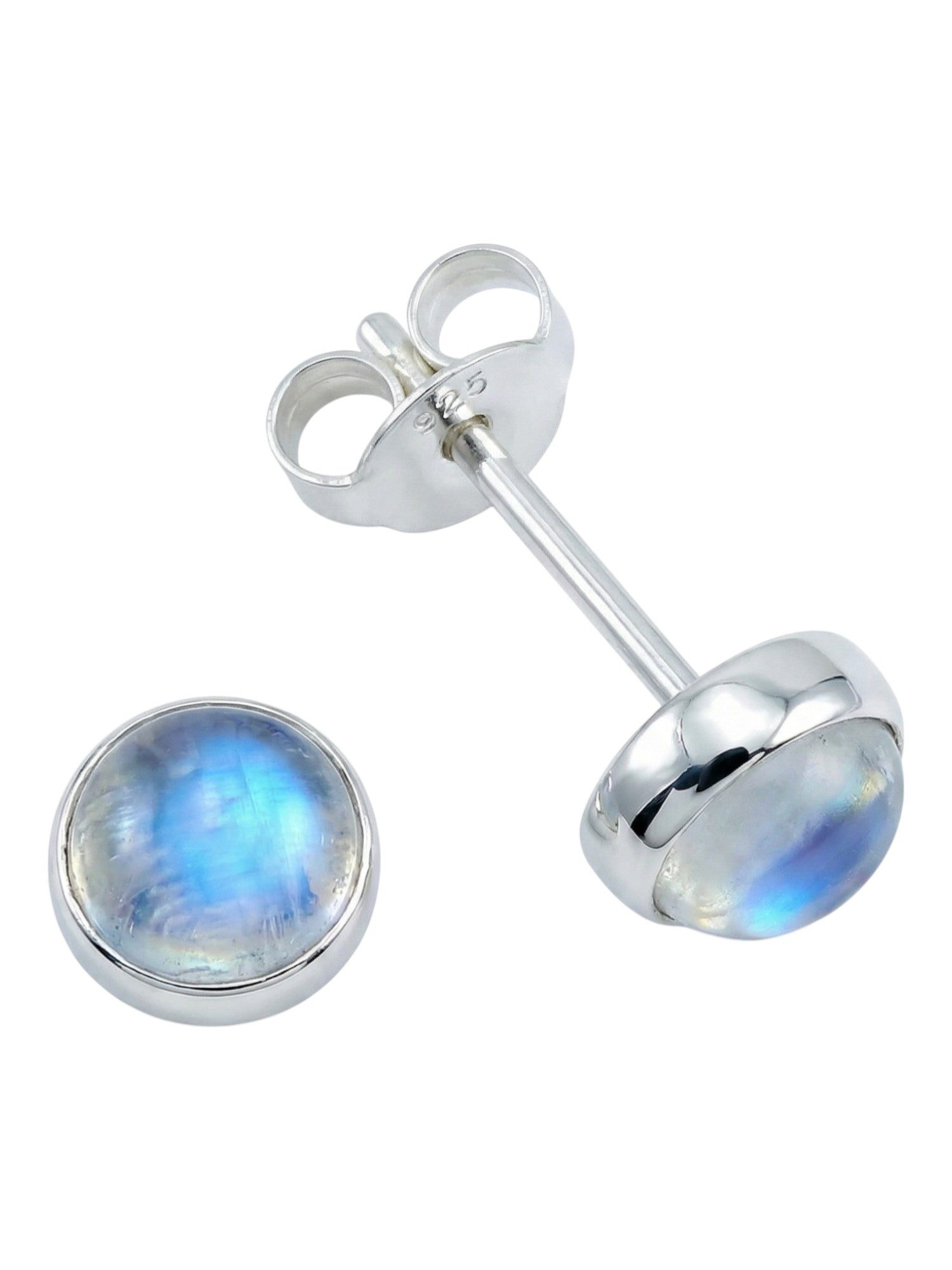 mantraroma Paar Ohrstecker SAMA rund klein aus 925 Silber mit Regenbogen Mondstein (Paar, Paar Ohrringe mit Schmuckbeutel), 925 Sterling Silber Ohrringe für Damen