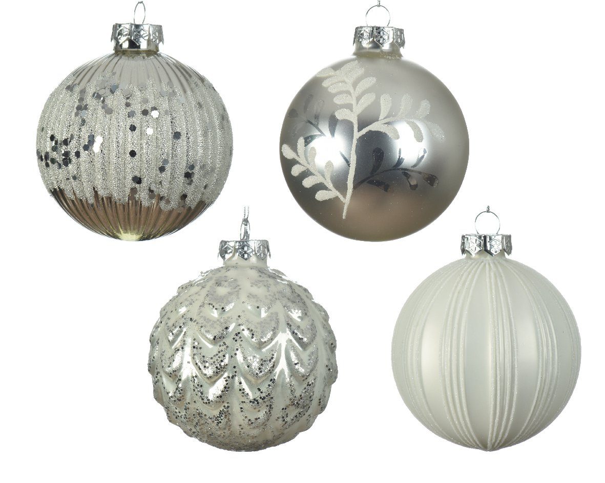 season Weihnachtsbaumkugel, Glas Streifen Muster mit 8cm Weihnachtskugeln / silber weiß decorations Decoris / 12er Set