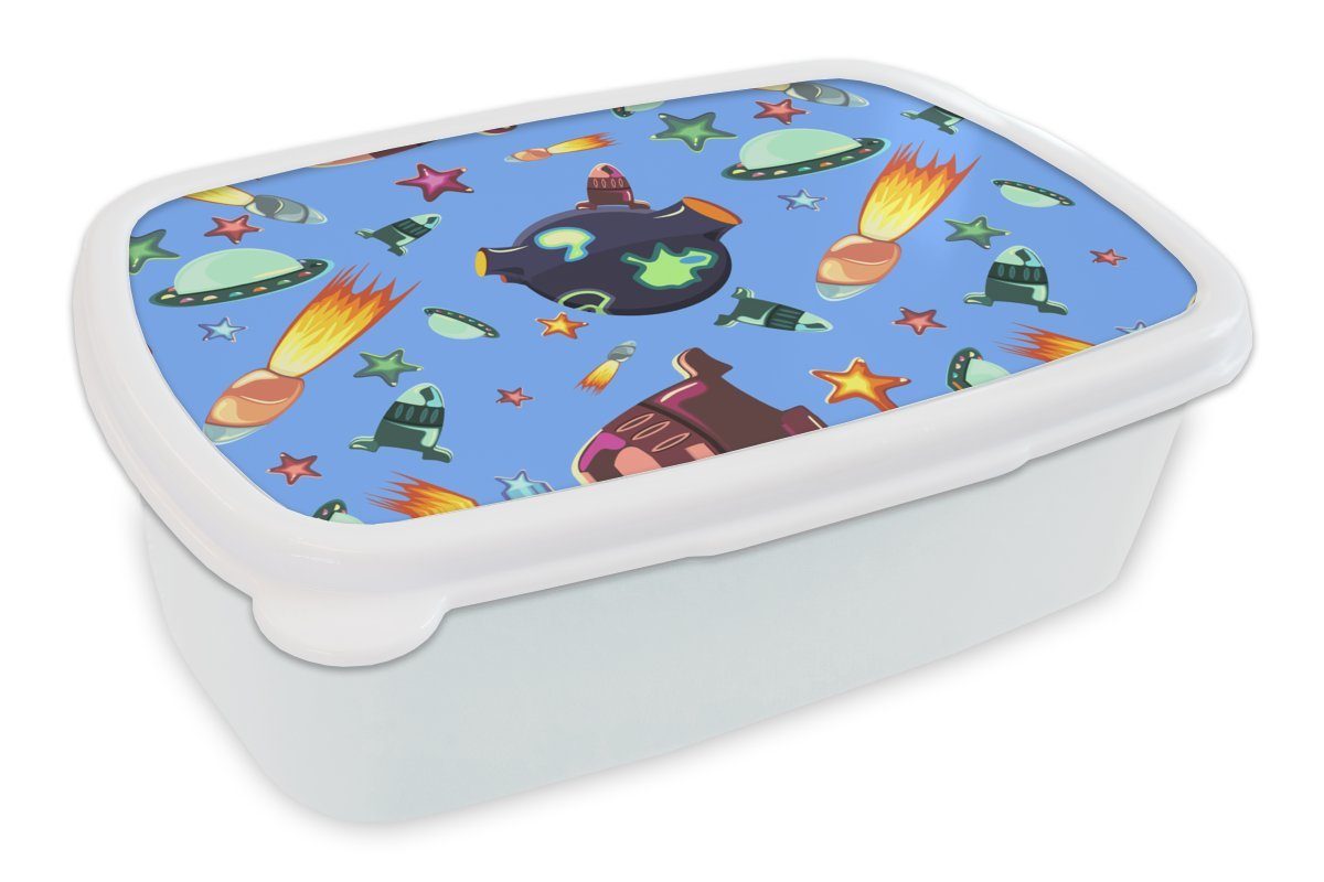 Gehen Sie zum Fachgeschäft MuchoWow Lunchbox Weltraum Regenbogen weiß Rakete - Brotdose, für Mädchen Ufo - Jungs Brotbox und Design, - Kunststoff, für Erwachsene, (2-tlg), und Kinder 