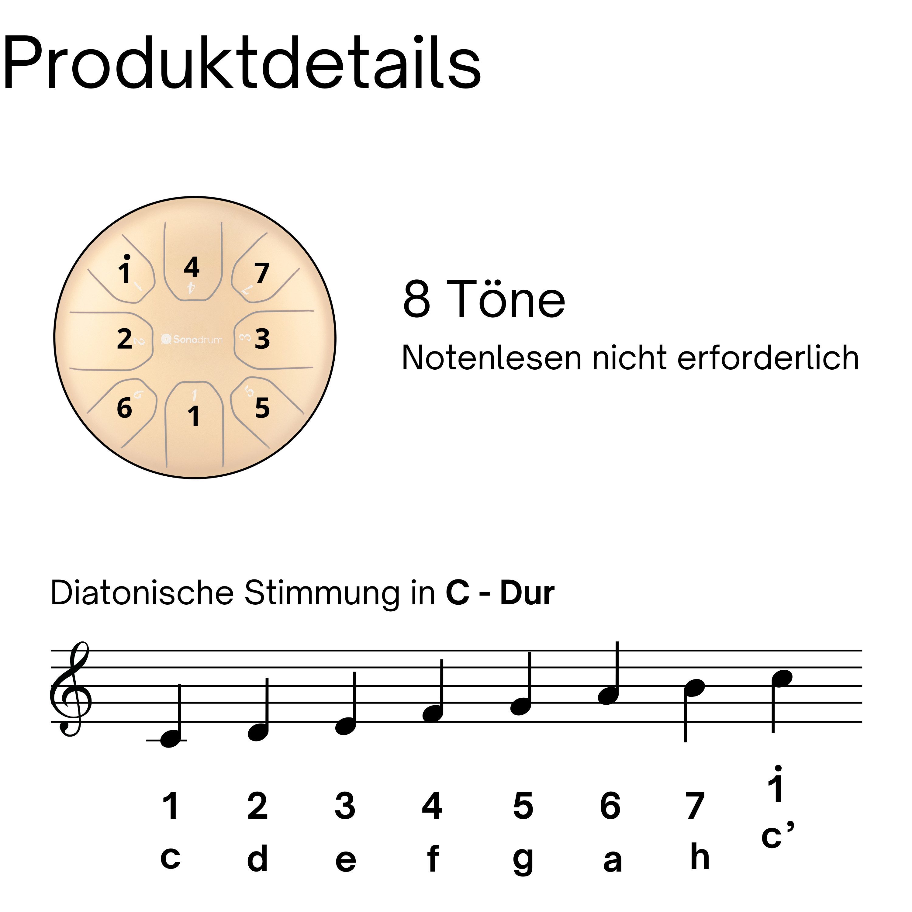 Sonodrum Steel Tongue Drum "Standard", C-Dur, 20 cm, 8 Zungen inkl. Liederbuch und Tragetasche