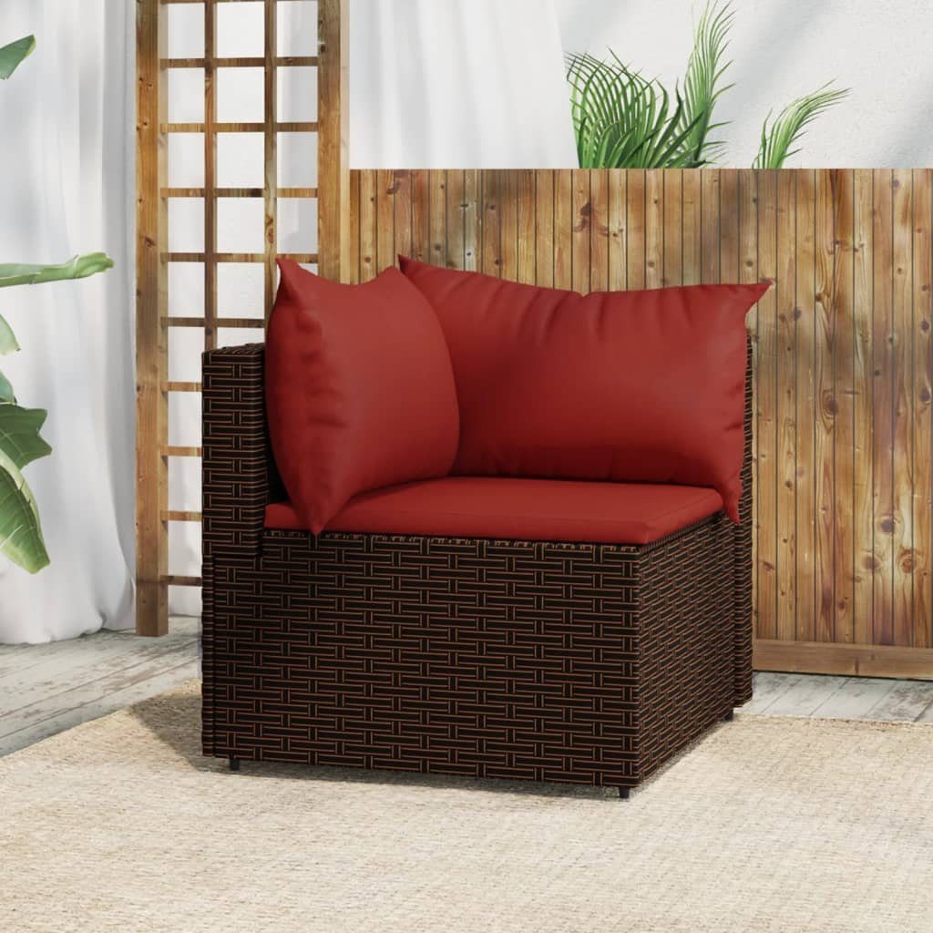 vidaXL Loungesofa Garten-Ecksofa mit Kissen Braun Poly Rattan, 1 Teile Braun und Rot