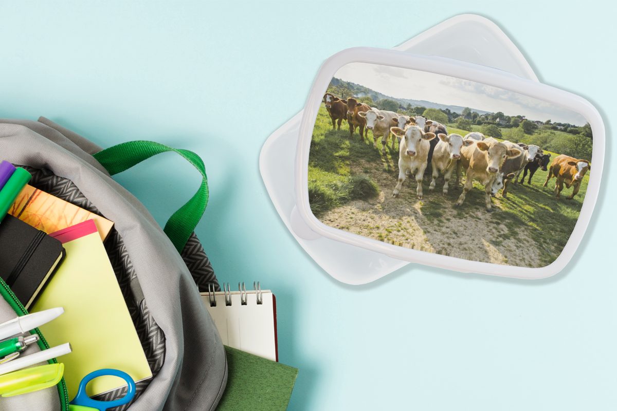 MuchoWow Lunchbox Mädchen - Kinder Jungs für Brotbox Brotdose, und und weiß Kunststoff, für Kühe - Erwachsene, (2-tlg), Bauernhof Gras