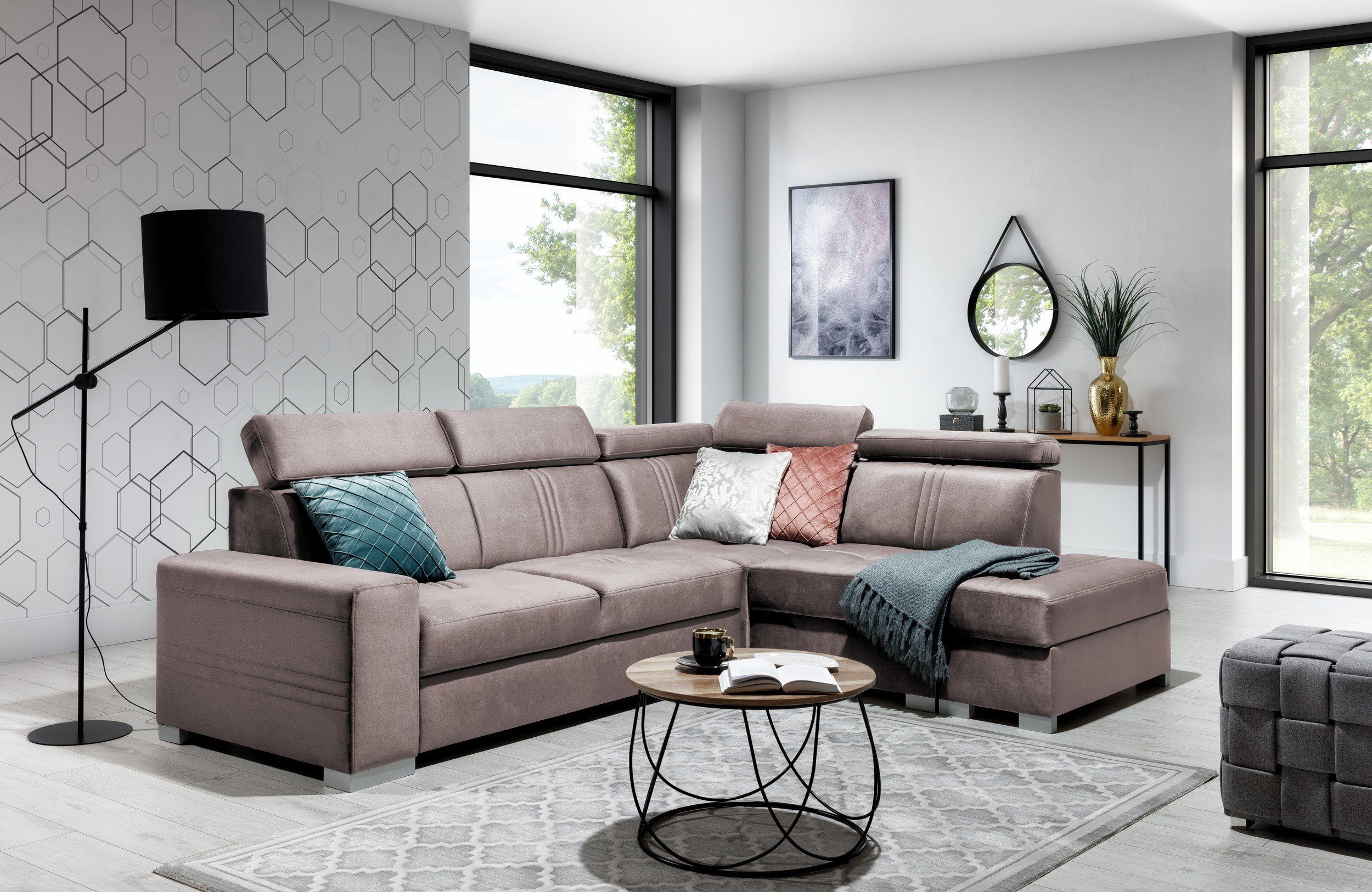 Stylefy Ecksofa Tritone, L-Form, Eckcouch, wahlweise mit Bettfunktion und  Bettkasten, Ottomane links oder rechts bestellbar, mit Wellenfederung,  inklusive Kopfteilverstellung, mit Armlehnen und Rückenlehne