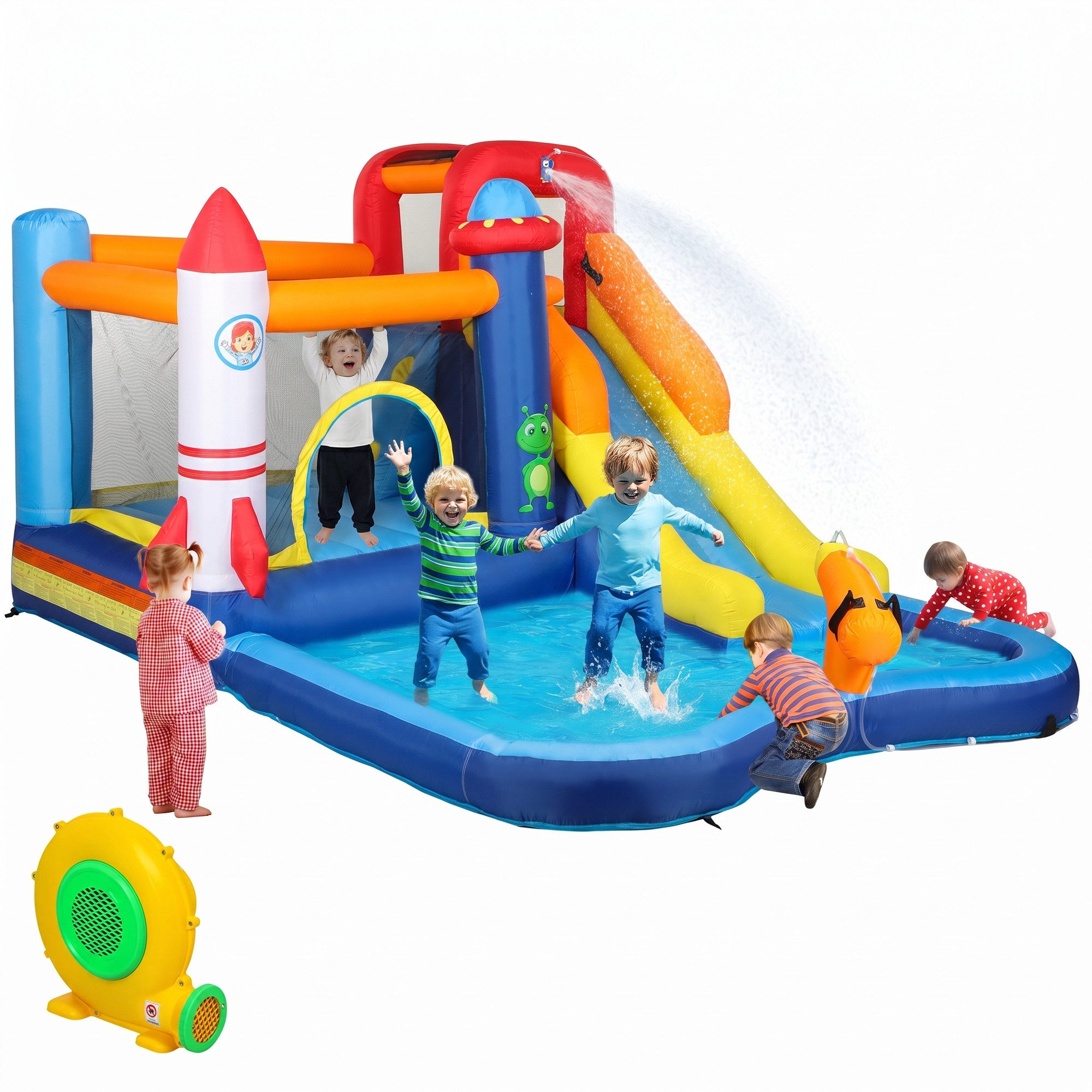 AIYAPLAY Hüpfburg Aufblasbare Wasserpark, Planschbecken, Kletterwand, Sprung, (Aufblasbare Springburg, 1-tlg., mit Tragetasche), für Indoor Outdoor für Kinder von 3-8 Jahren, 360 x 250 x 195 cm
