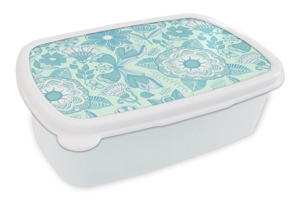 MuchoWow Lunchbox Blumen - Blau - Weiß - Muster, Kunststoff, (2-tlg), Brotbox für Kinder und Erwachsene, Brotdose, für Jungs und Mädchen