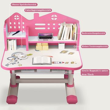 Rutaqian Kinderschreibtisch Kinder-Schreibtisch- und Stuhl-Set,höhenverstellbar Mit Cartoon-Muster (Ergonomischer Schreibtisch-Stuhl Set für Kinder Mädchen Jugend (Rosa), Zwei -Stück -Anzug), Multifunktionsschreibtisch mit Aufbewahrungsschublade