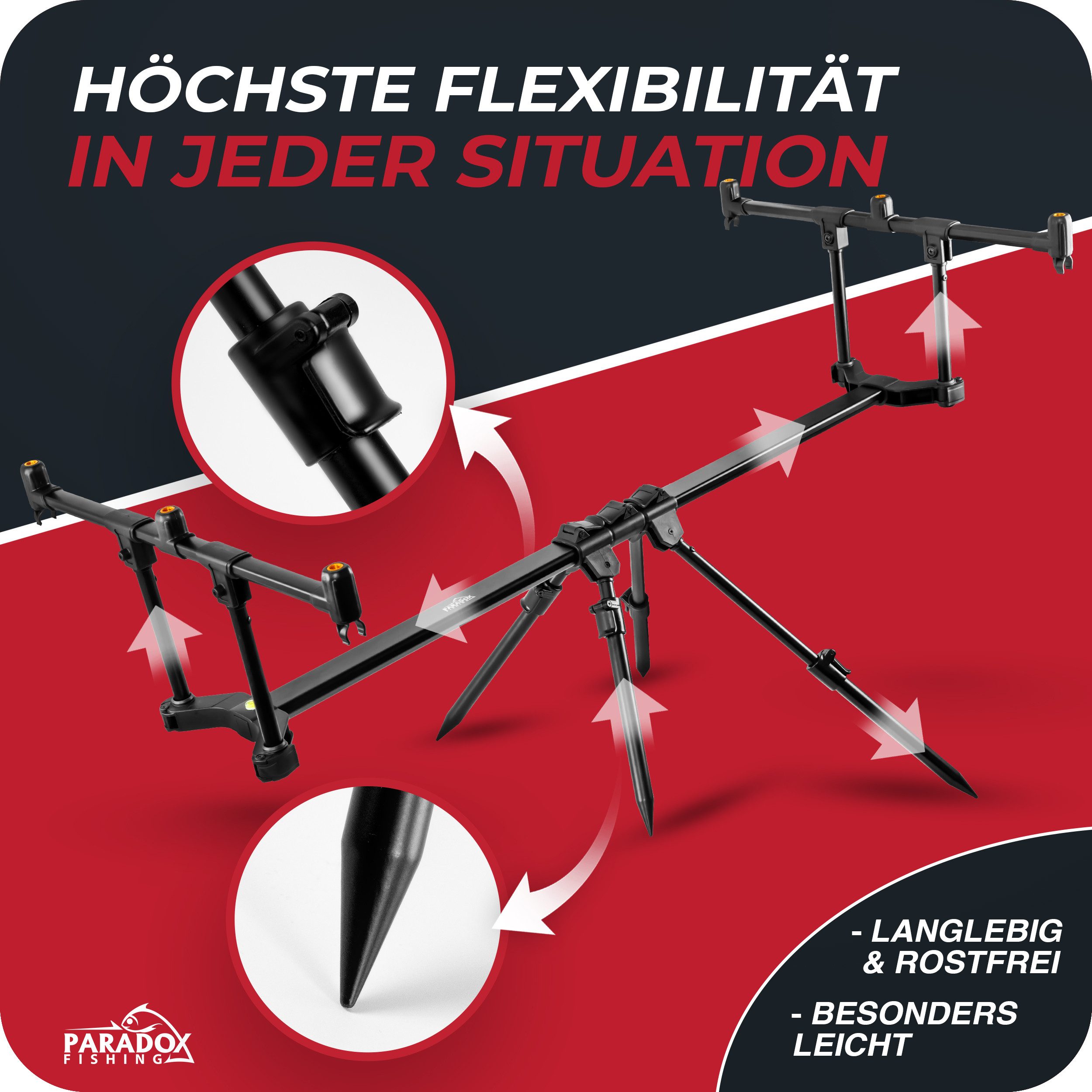 Paradox Fishing Rutenhalter Rod Pod 3 Ruten – verstellbar - Rutenhalter - Karpfen Angeln, (2-tlg., flexibel verstellbar, rostfrei, stabil, inklusive Transporttasche)