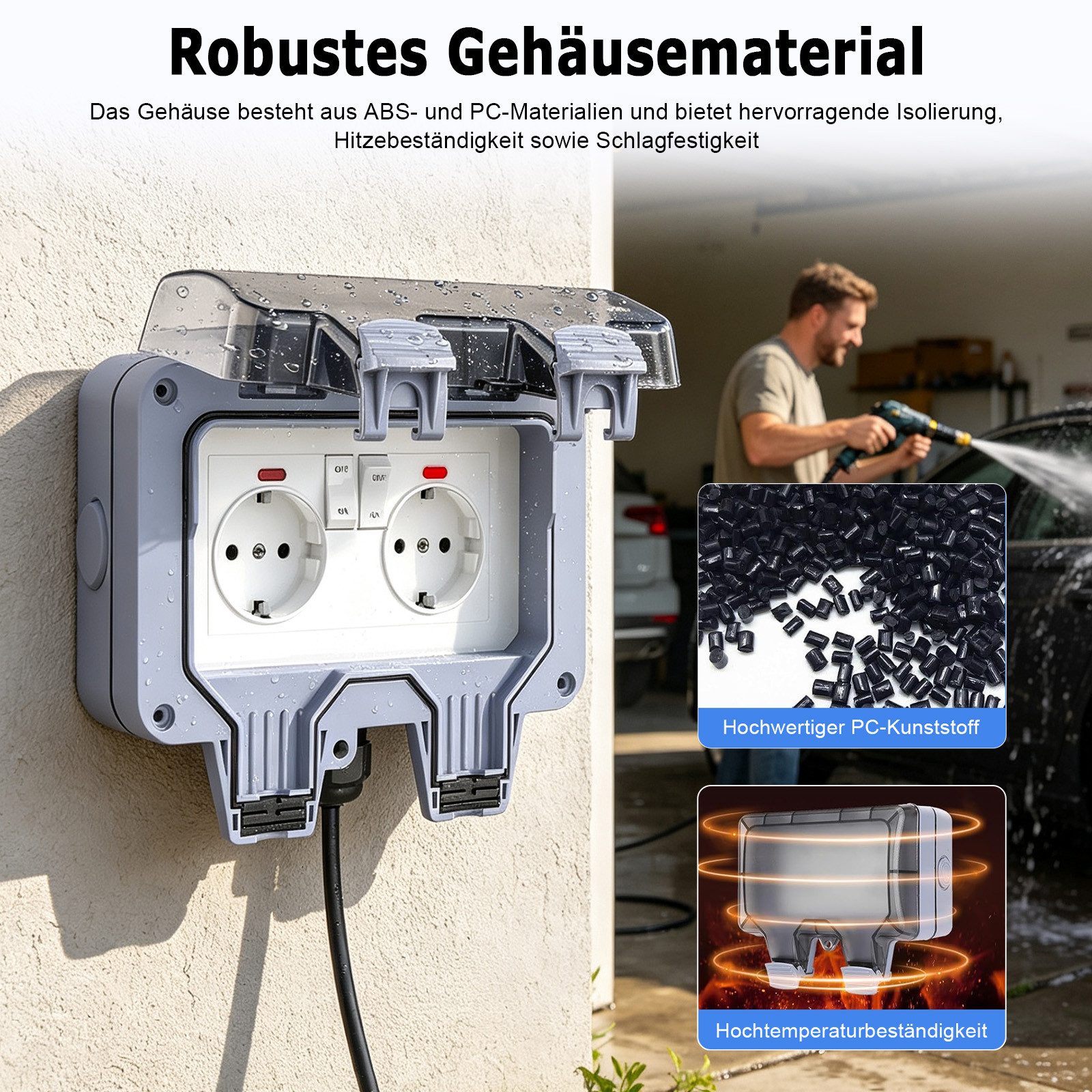 AKKEE Gartensteckdose Außensteckdose Steckdose Garten IP66 Wasserdicht Mit 3M Kabel, 2 Fach Outdoor 16A Gartensteckdose mit Klappdeckel