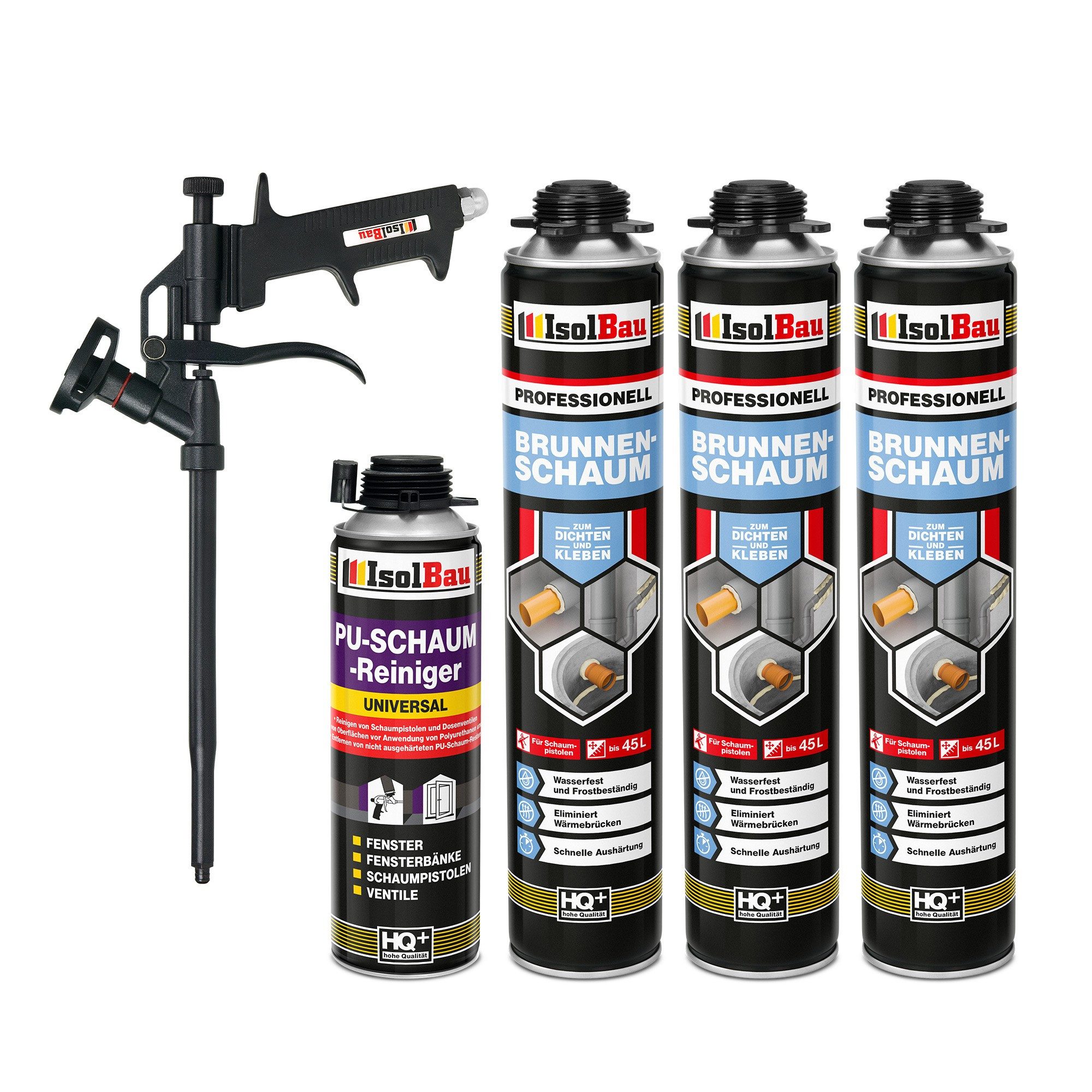 None Montagekleber Isolbau SET Pistolenschaum Brunnenschaum Bauschaumpistole 3 x 750 ml, Montageschaum 750 ml, 1 x PU-Schaum-Reiniger & 1 x Schaumpistole