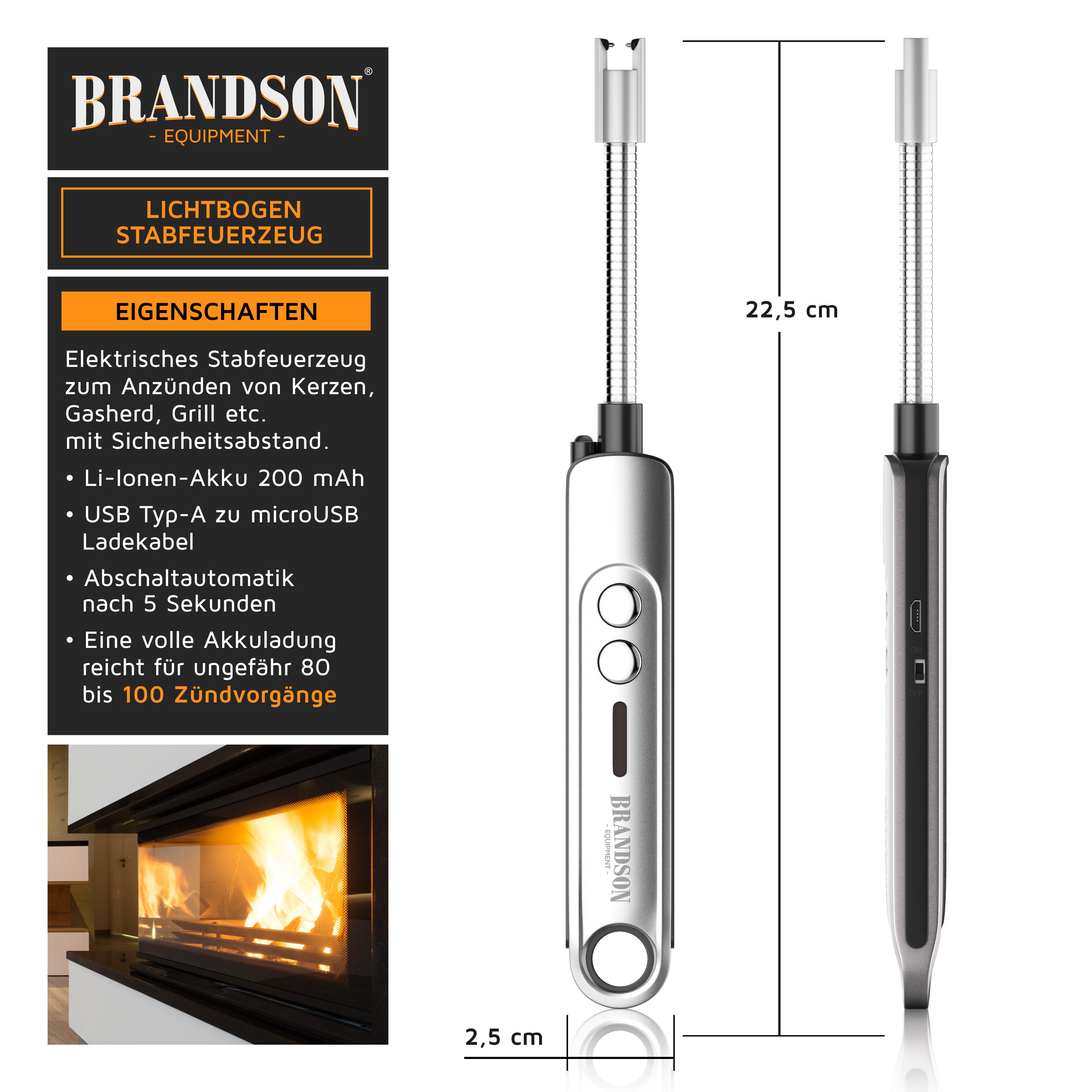 Brandson Feuerzeug elektrisch, Lichtbogen Stabfeuerzeug USB aufladbar, Kerzenanzünder für Küche, Kerzen, Gasherde, Grill, Kamin