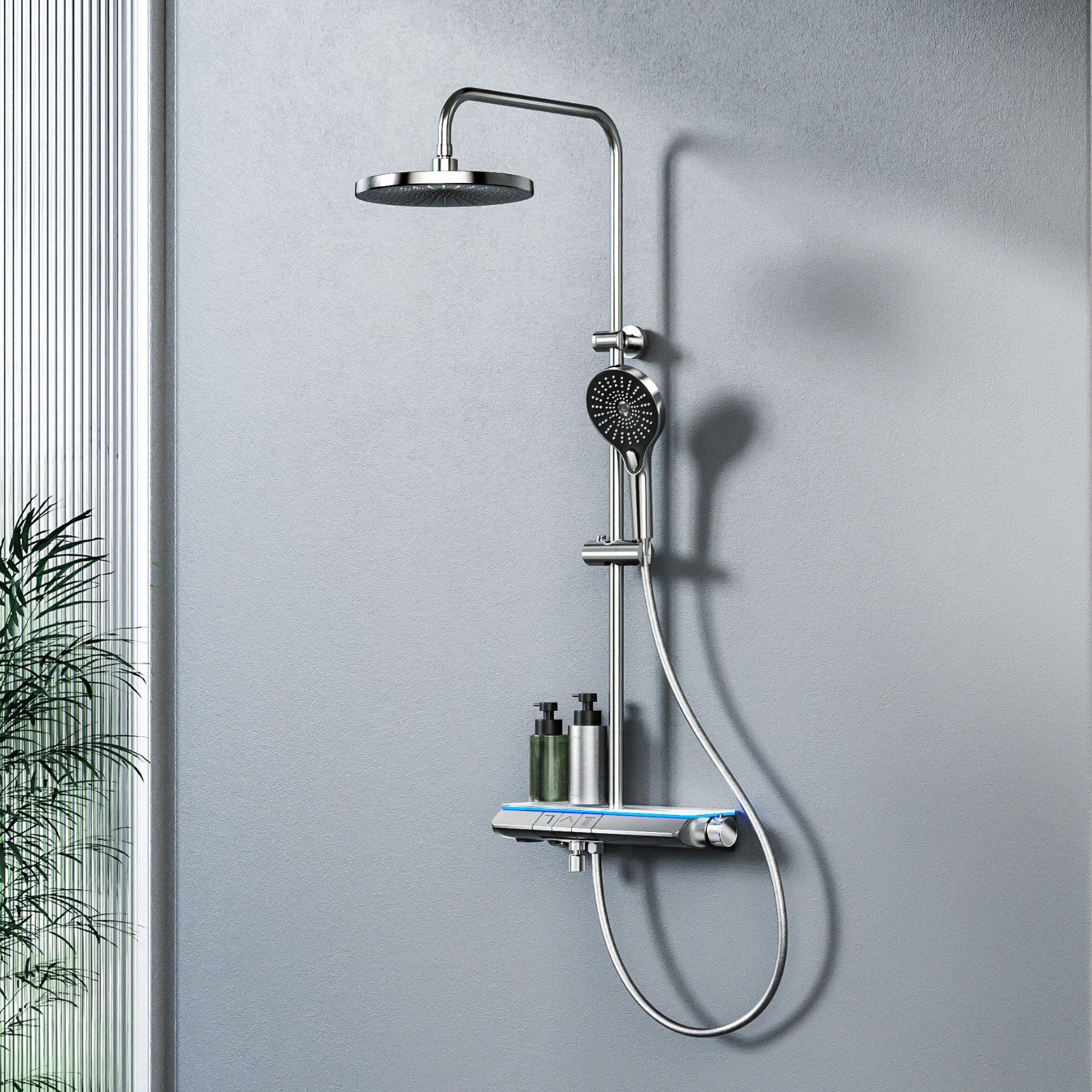 Thumbnail - EMKE Duschsystem mit Regendusche und Handbrause Thermostat mit blauer LED-Beleuchtung, 3 Strahlart(en), Stangenbrause-Se...