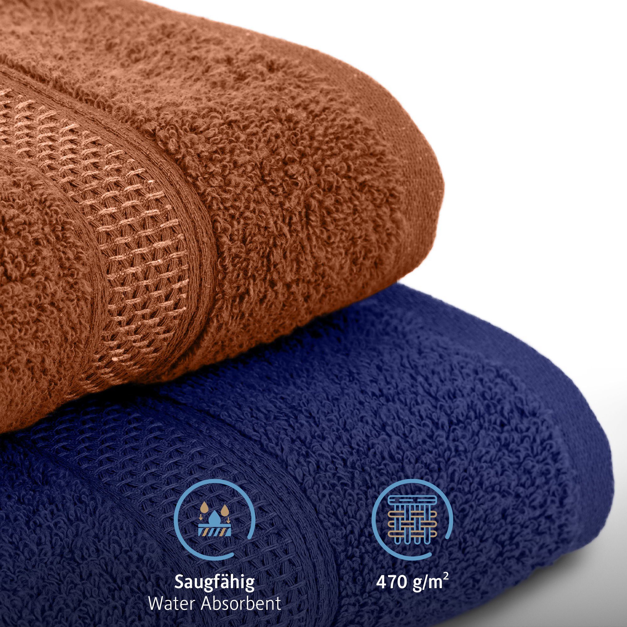 Komfortec Handtücher 100% Baumwolle, 470 Set, (2-St), 50x100 cm Braun&Navyblau Frottee Badetücher Weich g/m²